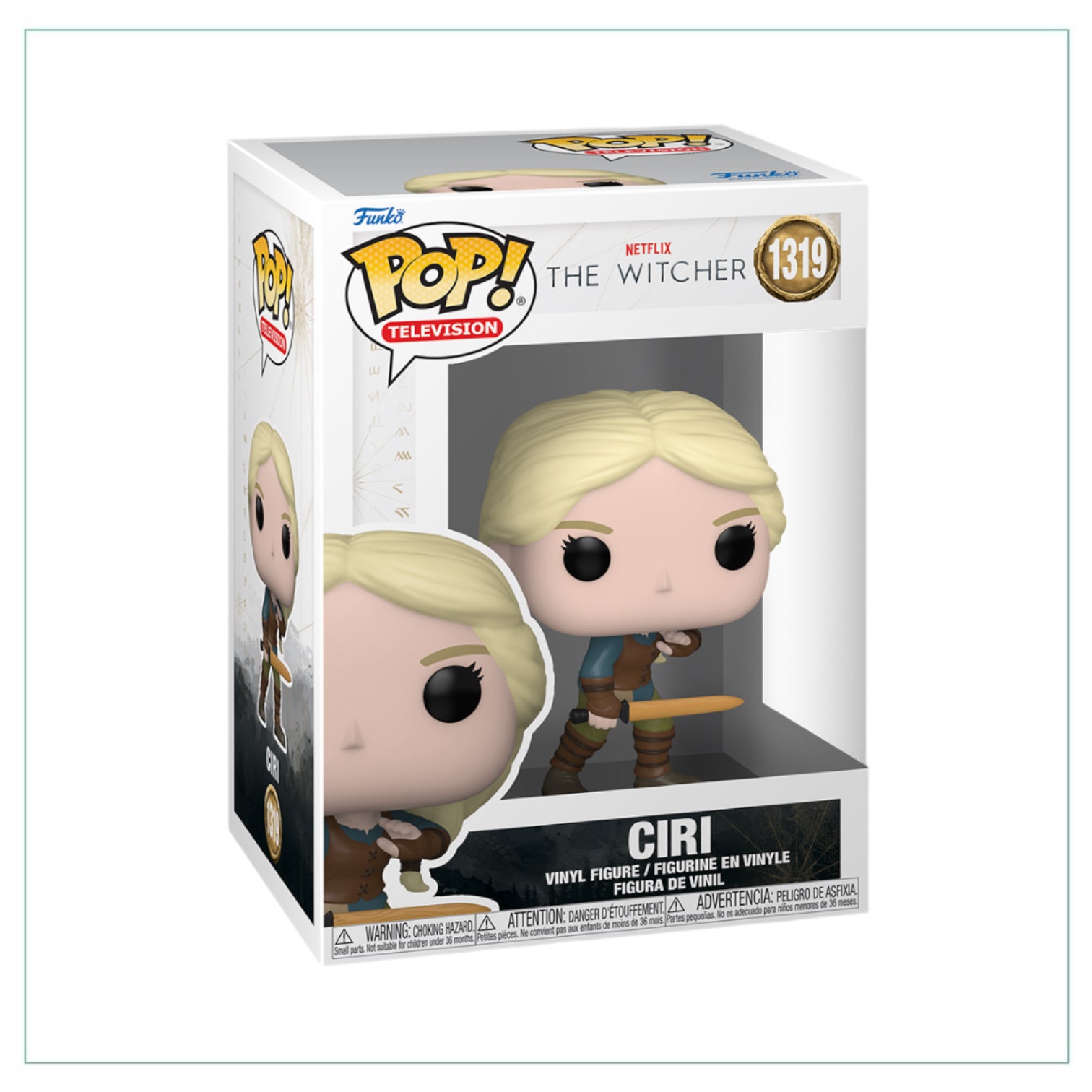Ciri from The Witcher, depicted as a Funko Pop! figure, holding a sword, showcasing her iconic look and fierce demeanor.