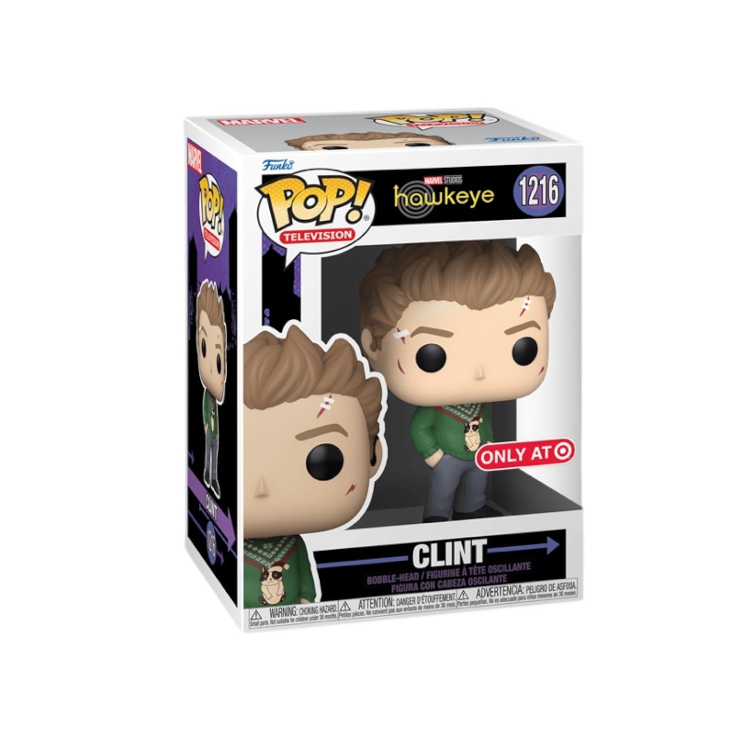 Clint Barton standing with scars on his face, wearing a green sweater and hands in his trouser pockets.