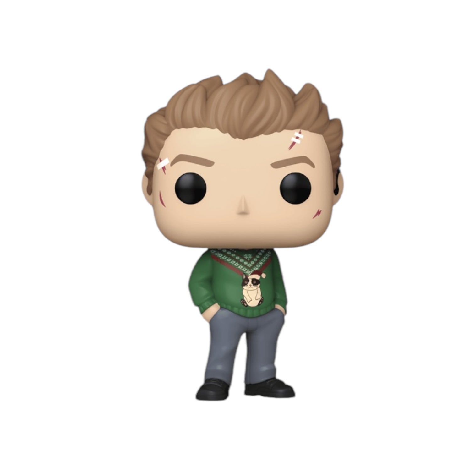 Clint Barton standing with scars on his face, wearing a green sweater and hands in his trouser pockets.