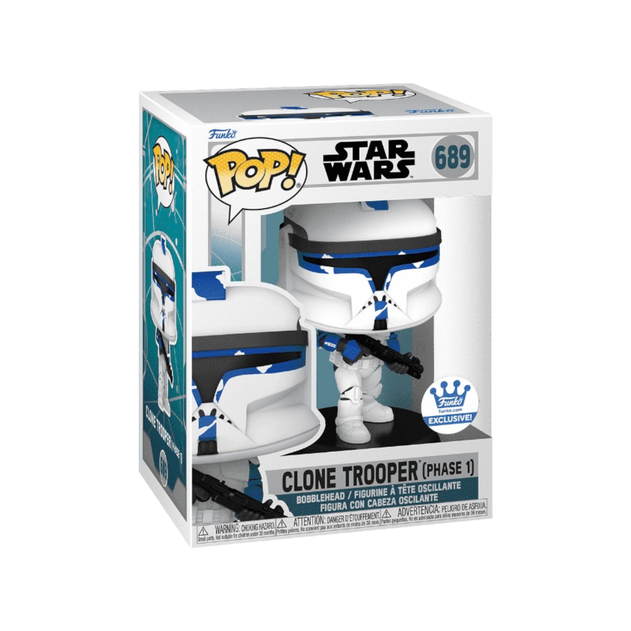 Funko Pop! Clone Trooper Phase 1 #689 from Star Wars: Ahsoka, exclusive to Funko Shop, showcasing detailed design and colors.