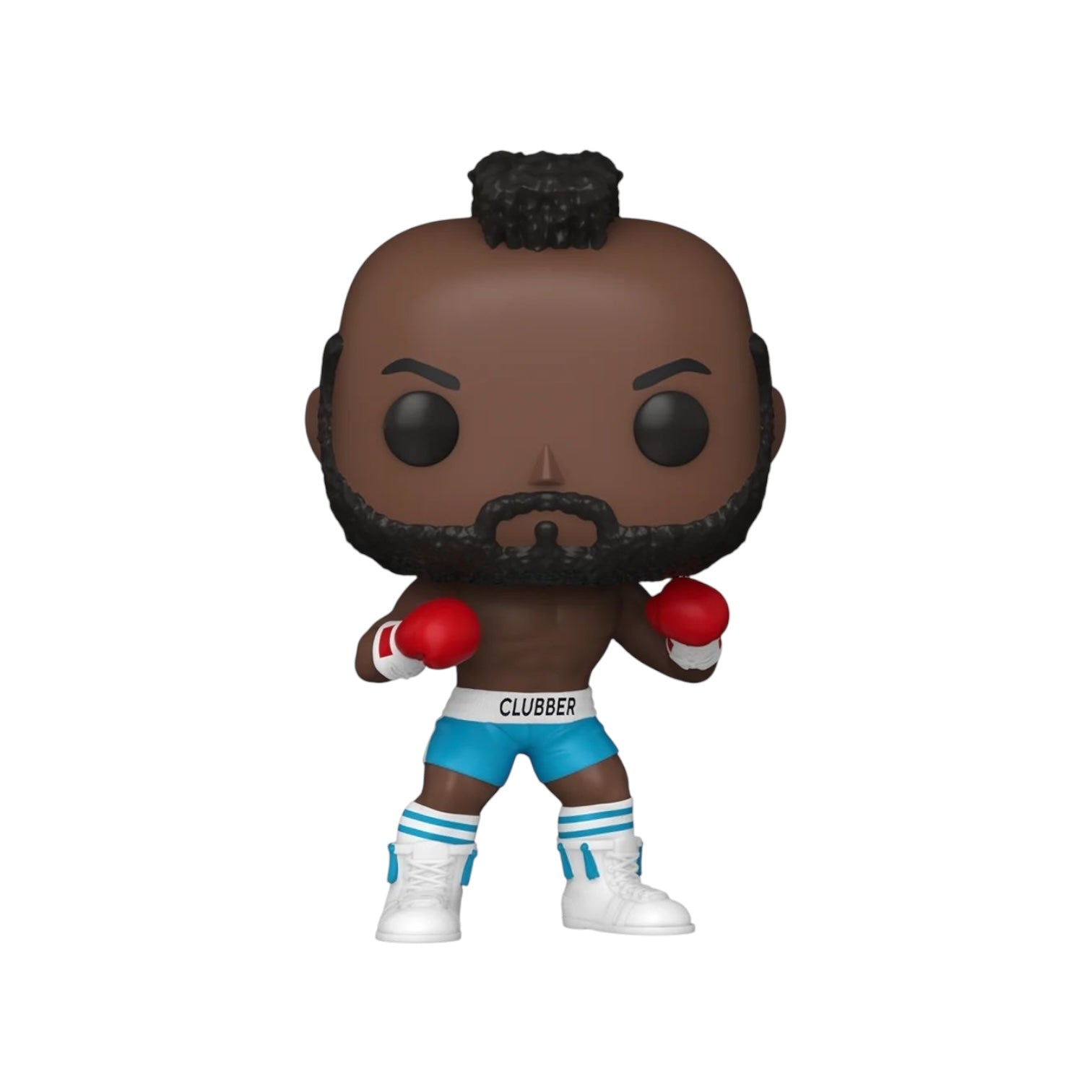 Clubber Lang wearing his blue boxing shorts with white detail to match his Shoes whit red boxing gloves