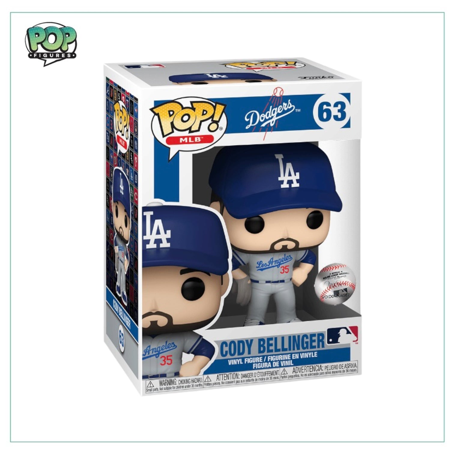 Funko Pop! figure of Cody Bellinger in his road uniform #63, representing the MLB player in a stylish collectible form.