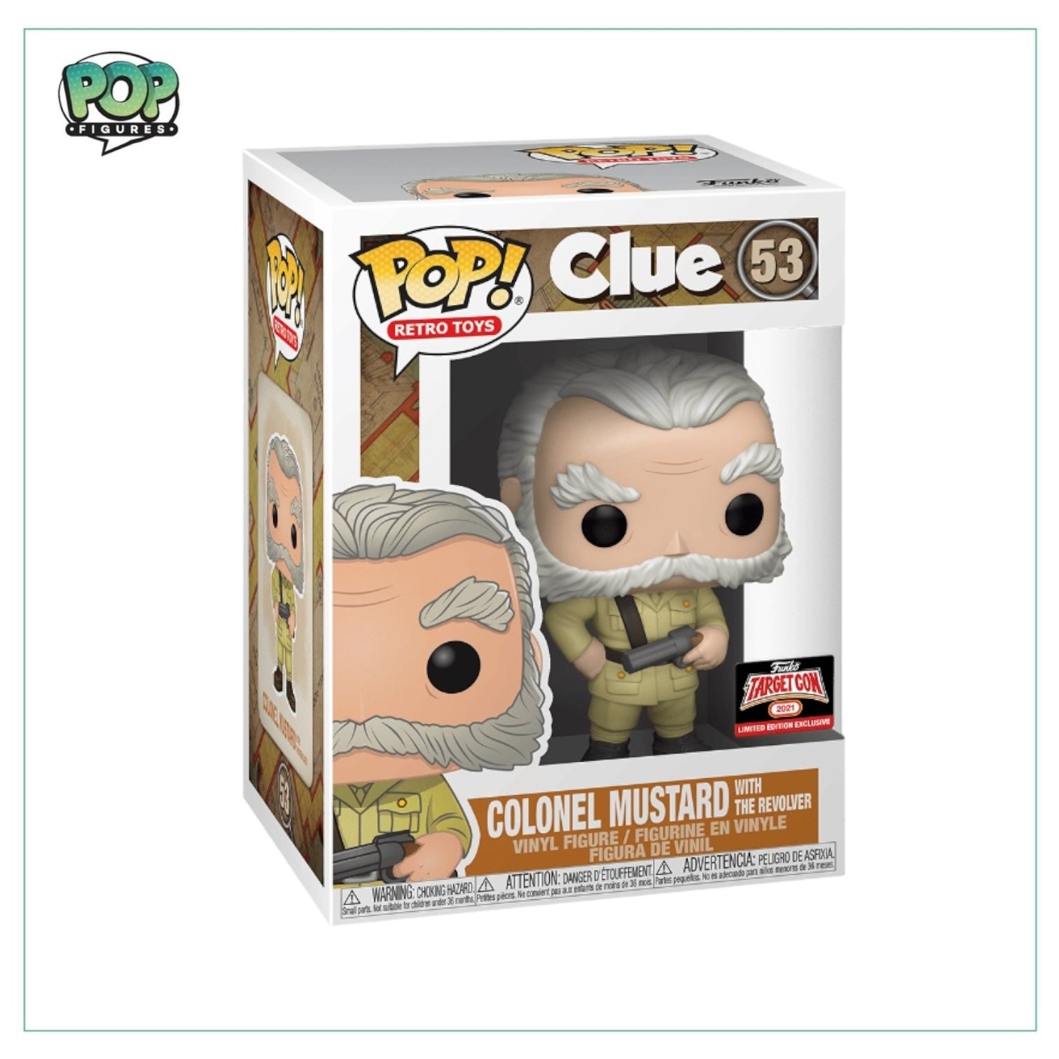 Colonel Mustard Funko Pop! figure holding a revolver, part of the 2021 Target exclusive retro toy collection.