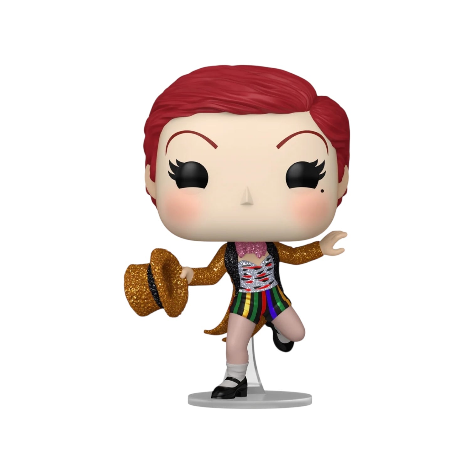 Figurine with red hair and colorful outfit on a white background