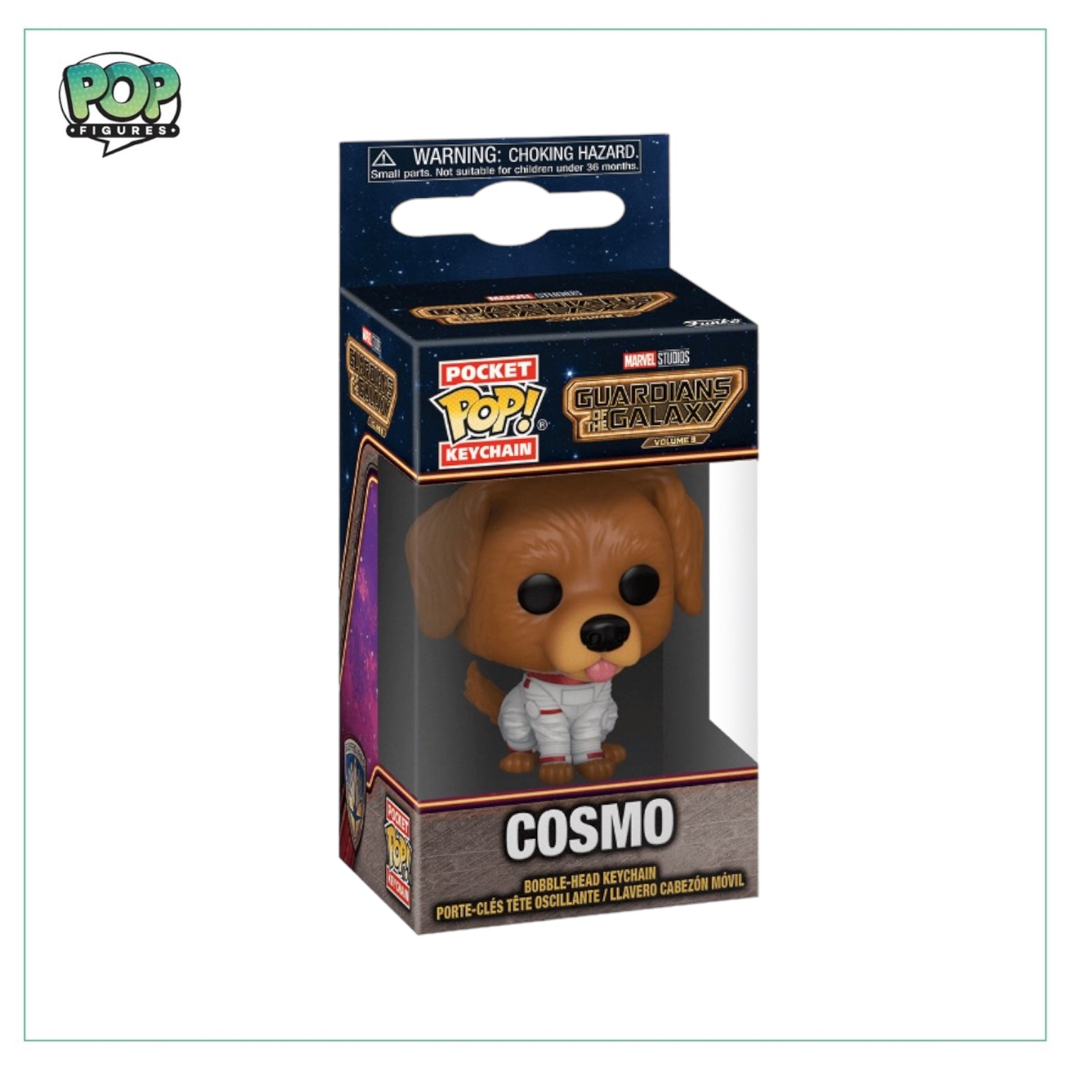 Adorable Cosmo keychain from Guardians of the Galaxy Vol. 3, showcasing a dog in a spacesuit design.