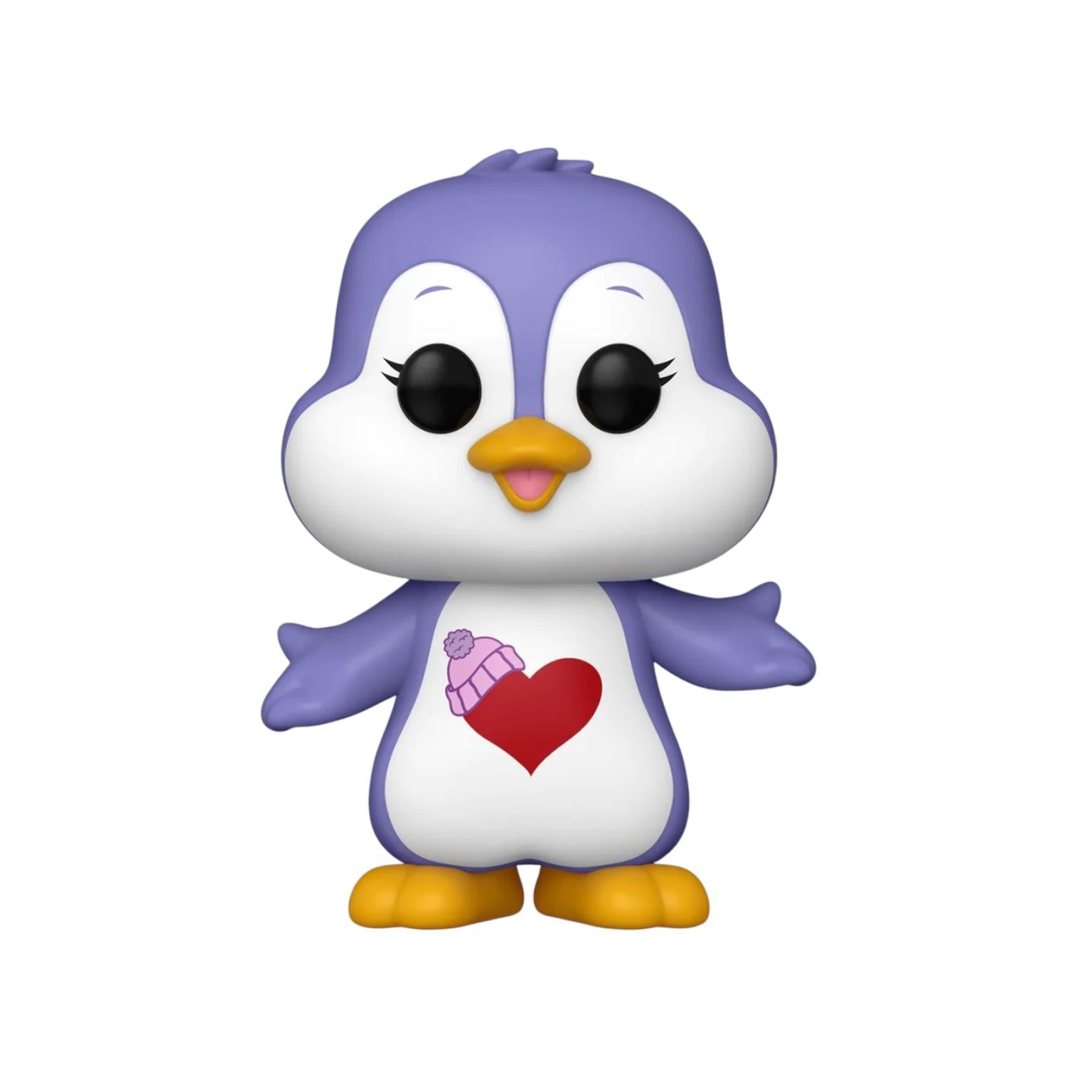 A adorable purple penguin with a red love heart on his white chest