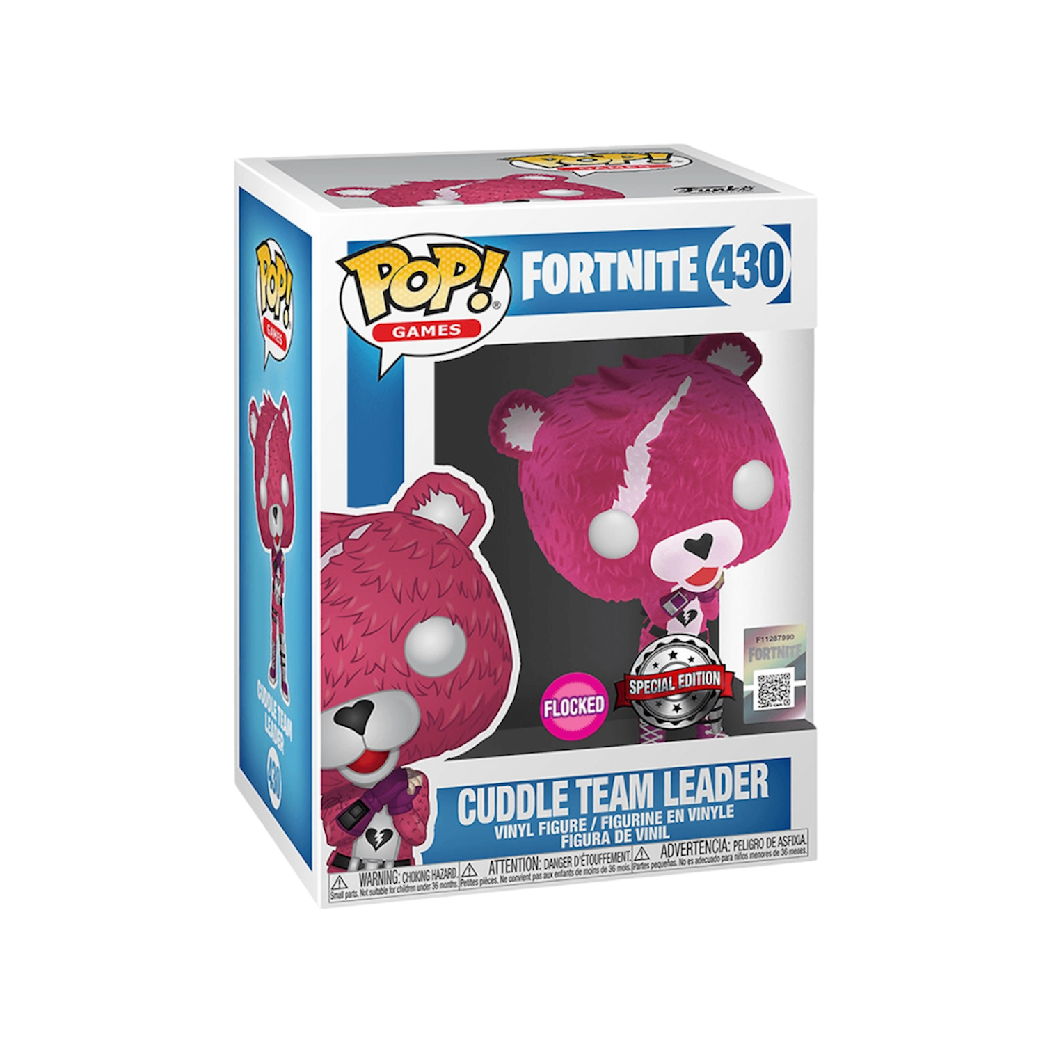 Flocked Cuddle Team Leader Funko Pop from Fortnite, special edition #430, featuring a cute bear character in a pink outfit.
