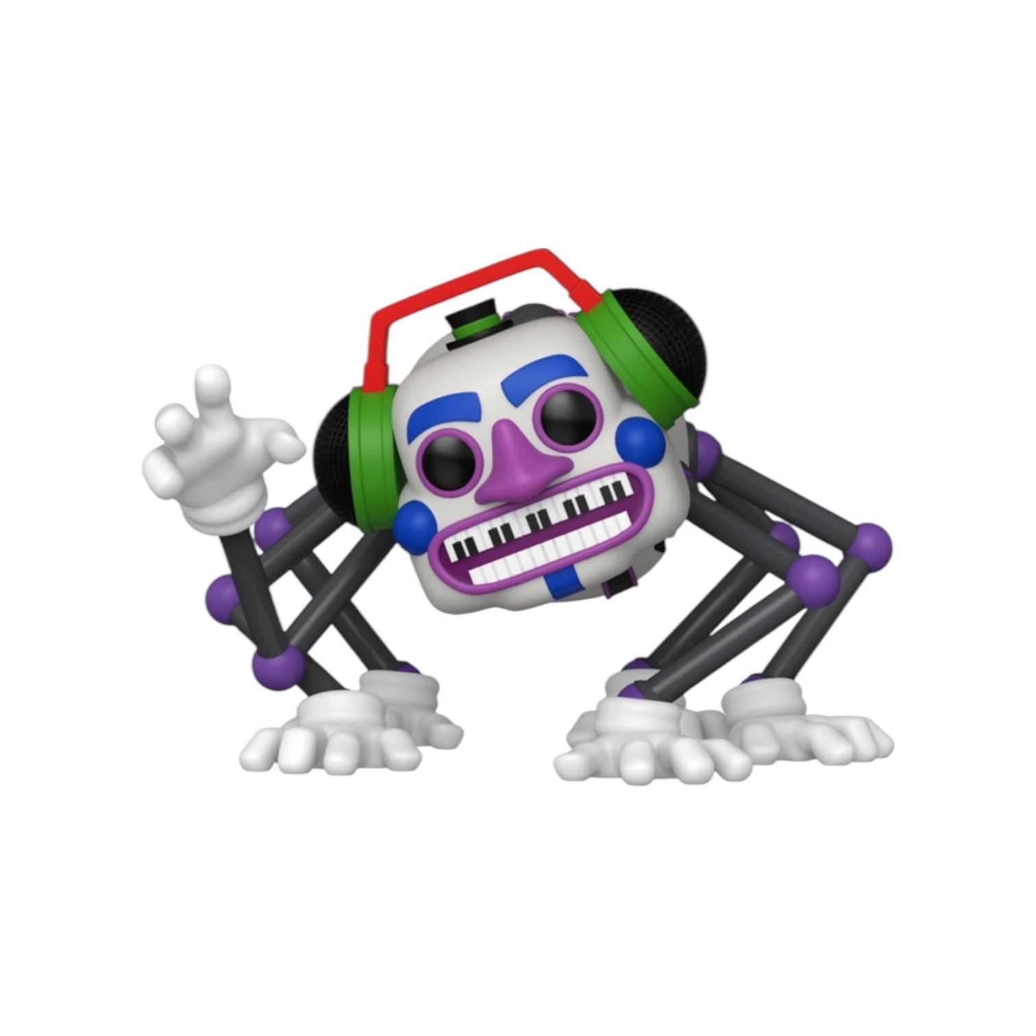 Toy figure with a skeleton design, colorful headgear, and a keyboard mouth on a white background