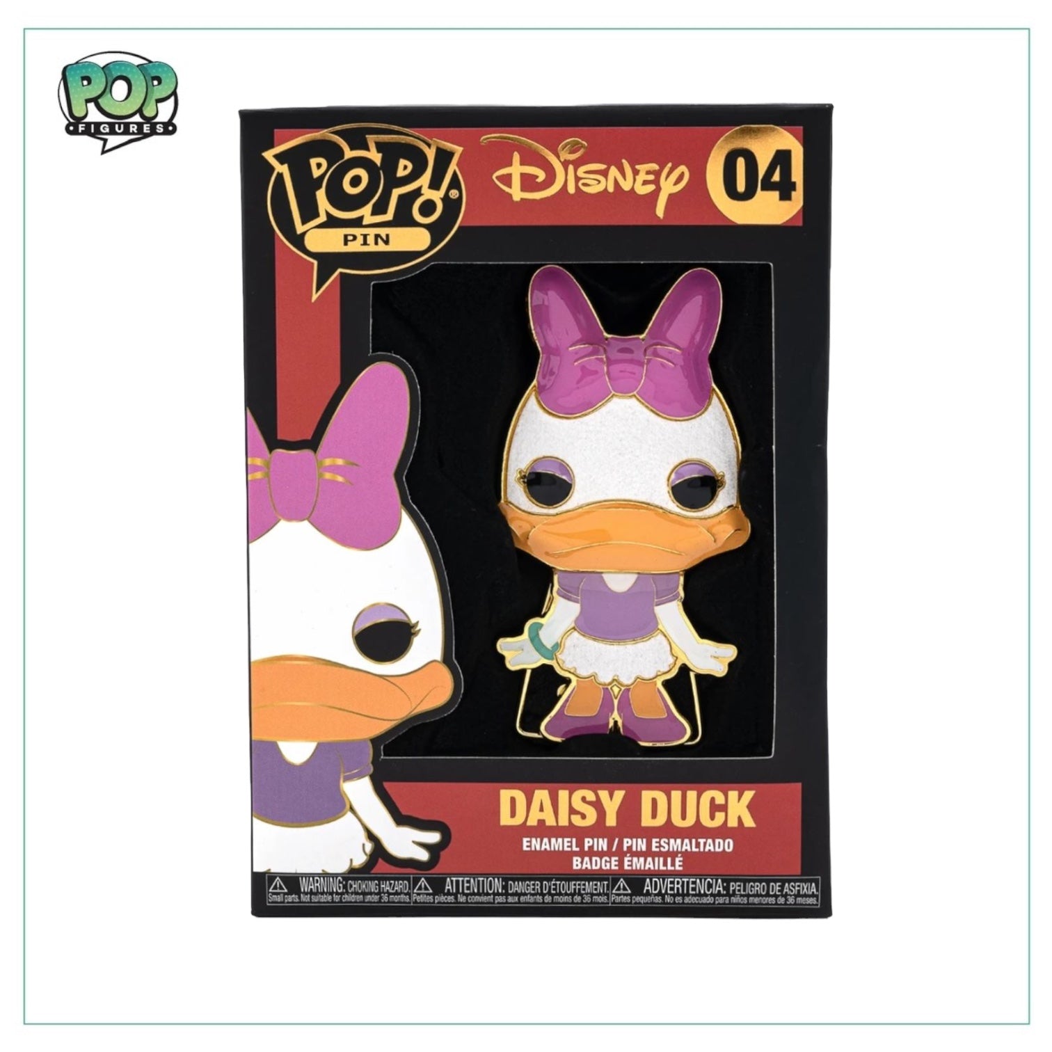 Daisy Duck Funko Enamel Pop Pin #04 featuring her signature bow and cheerful expression, set against a colorful background.