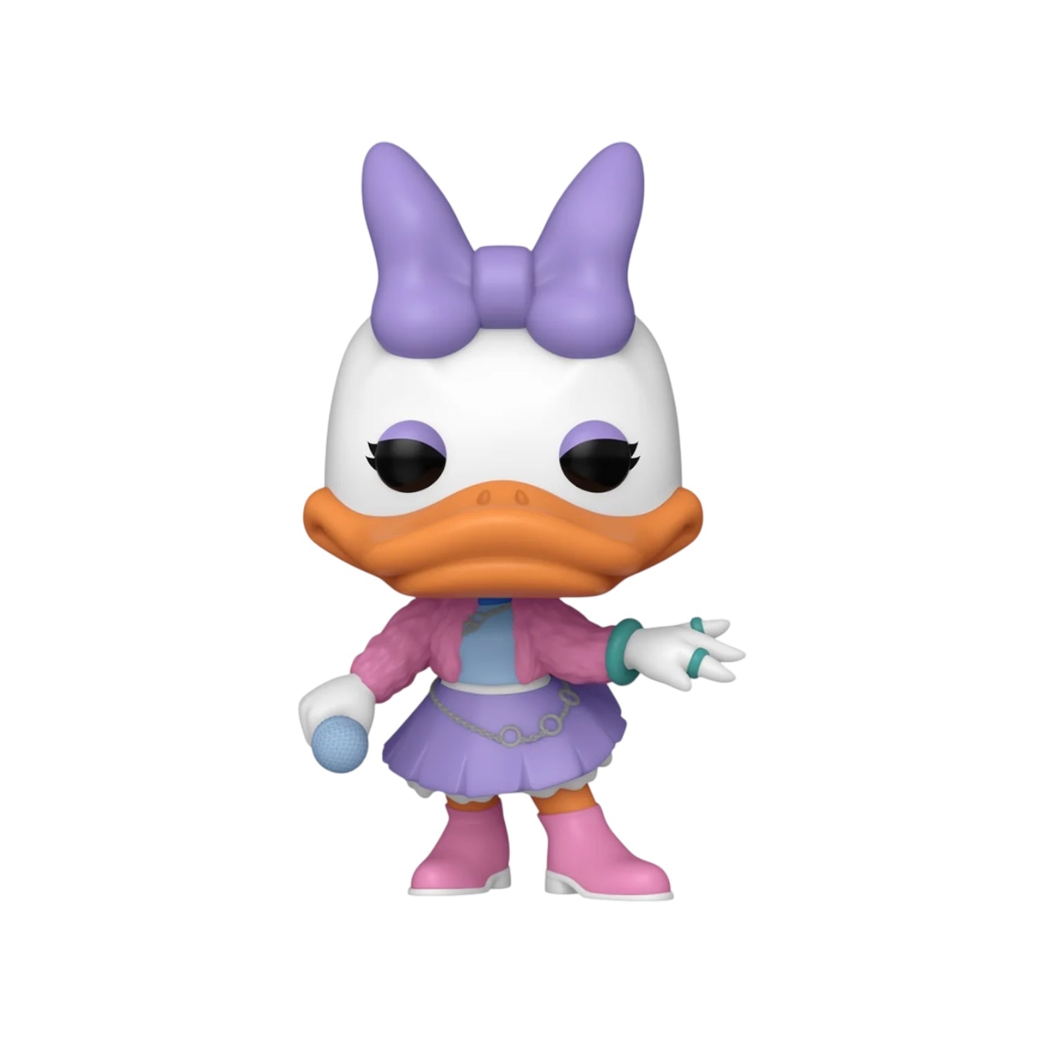 Animated character figure with a purple bow and pink outfit on a white background