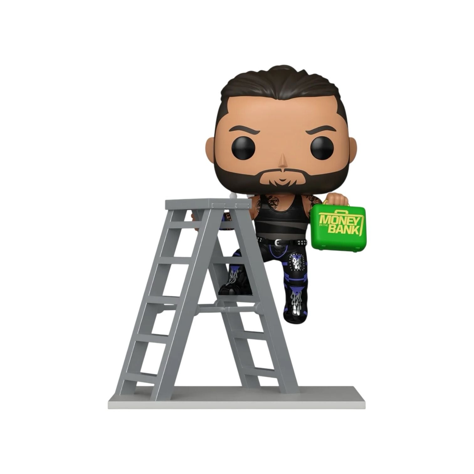 Funko Pop! vinyl figure on a ladder with a green 'Money Bank' bag