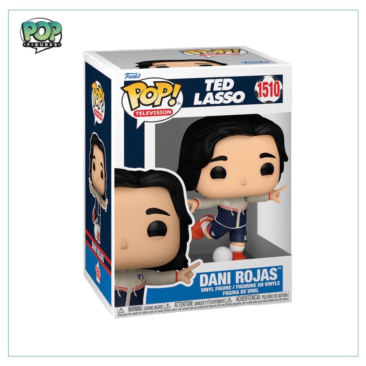 Dani Rojas #1510 Funko Pop! from Ted Lasso, showcasing the cheerful character in his soccer gear, ready to play.
