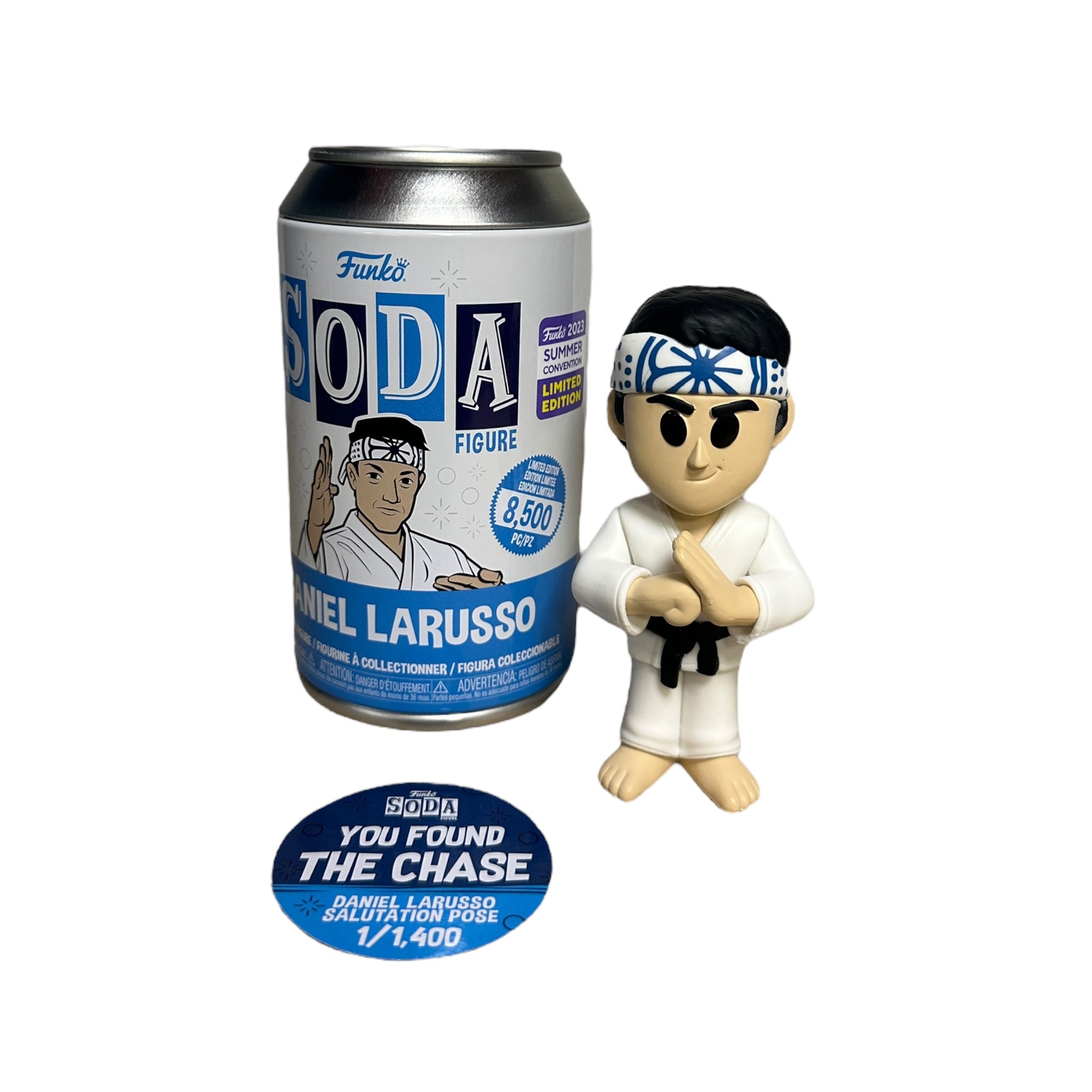 Daniel Larusso Funko Soda figure in a salutation pose, limited edition from Cobra Kai's SDCC 2023 exclusive series.