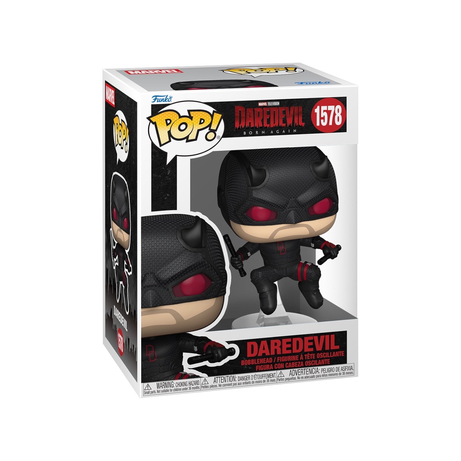 Daredevil 1578 Funko Pop in a black suit and in packaging on a white background