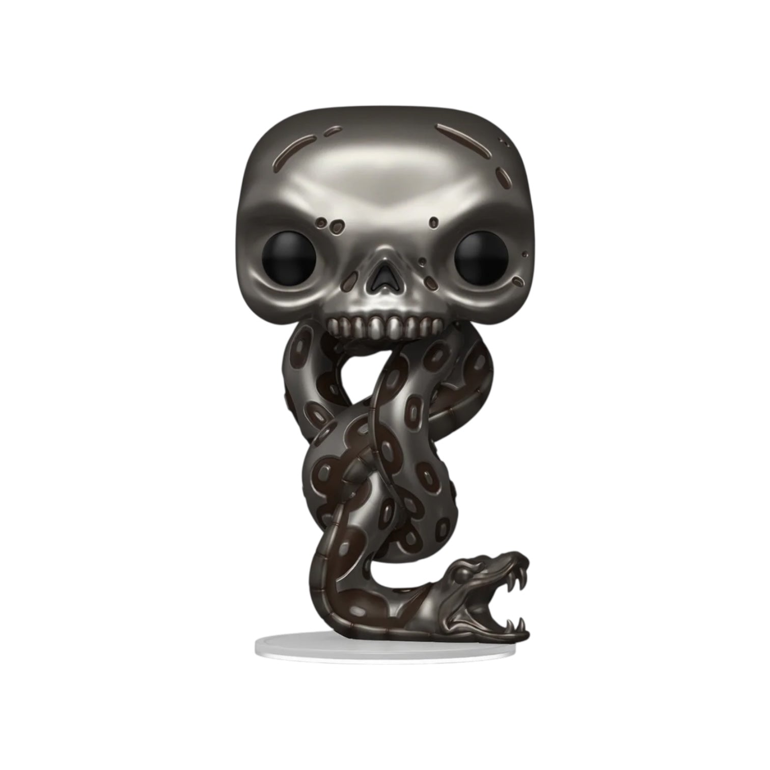 Skull with coiled snake figurine on a white background