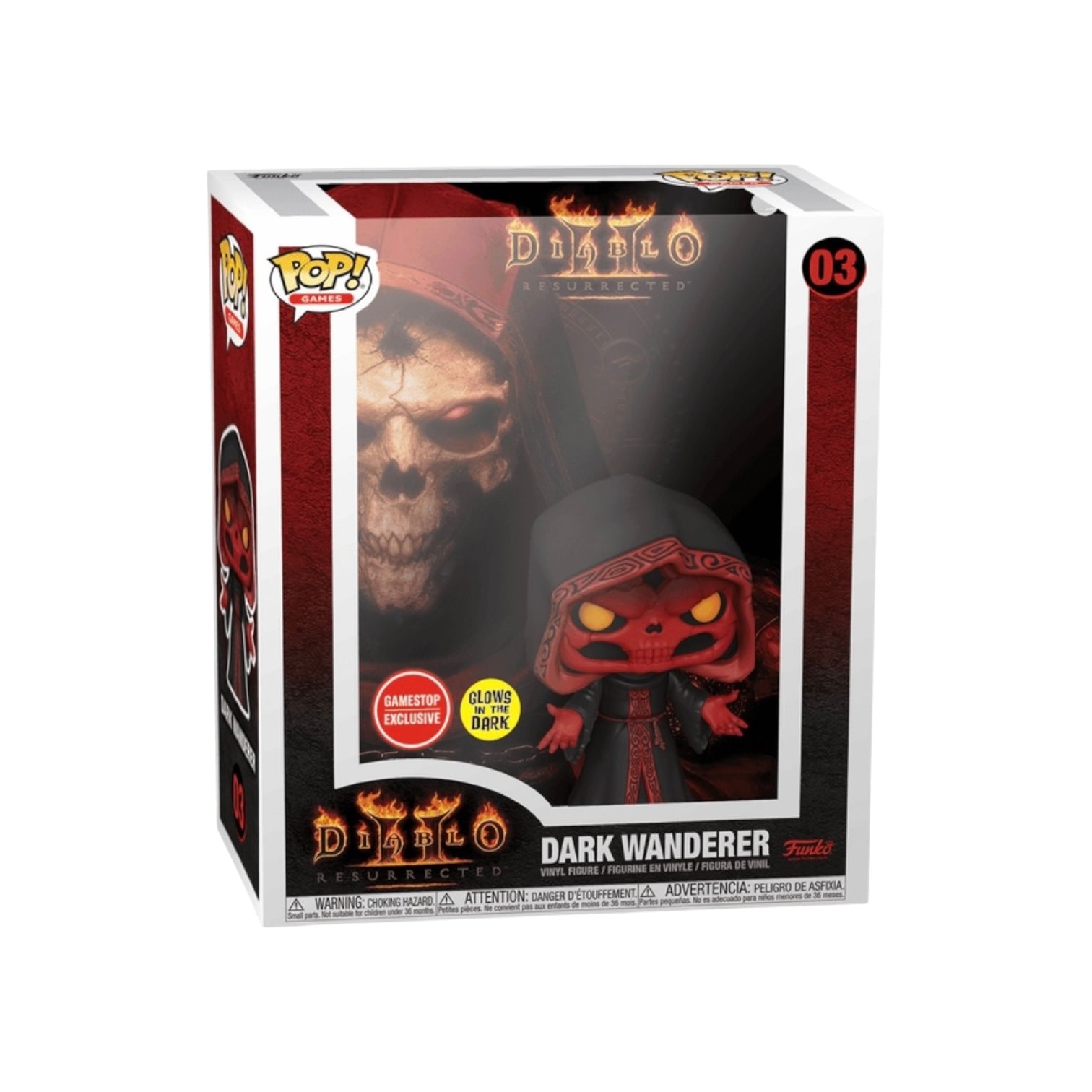 Funko Pop! packaging for Diablo Dark Wanderer figure with red and black design.