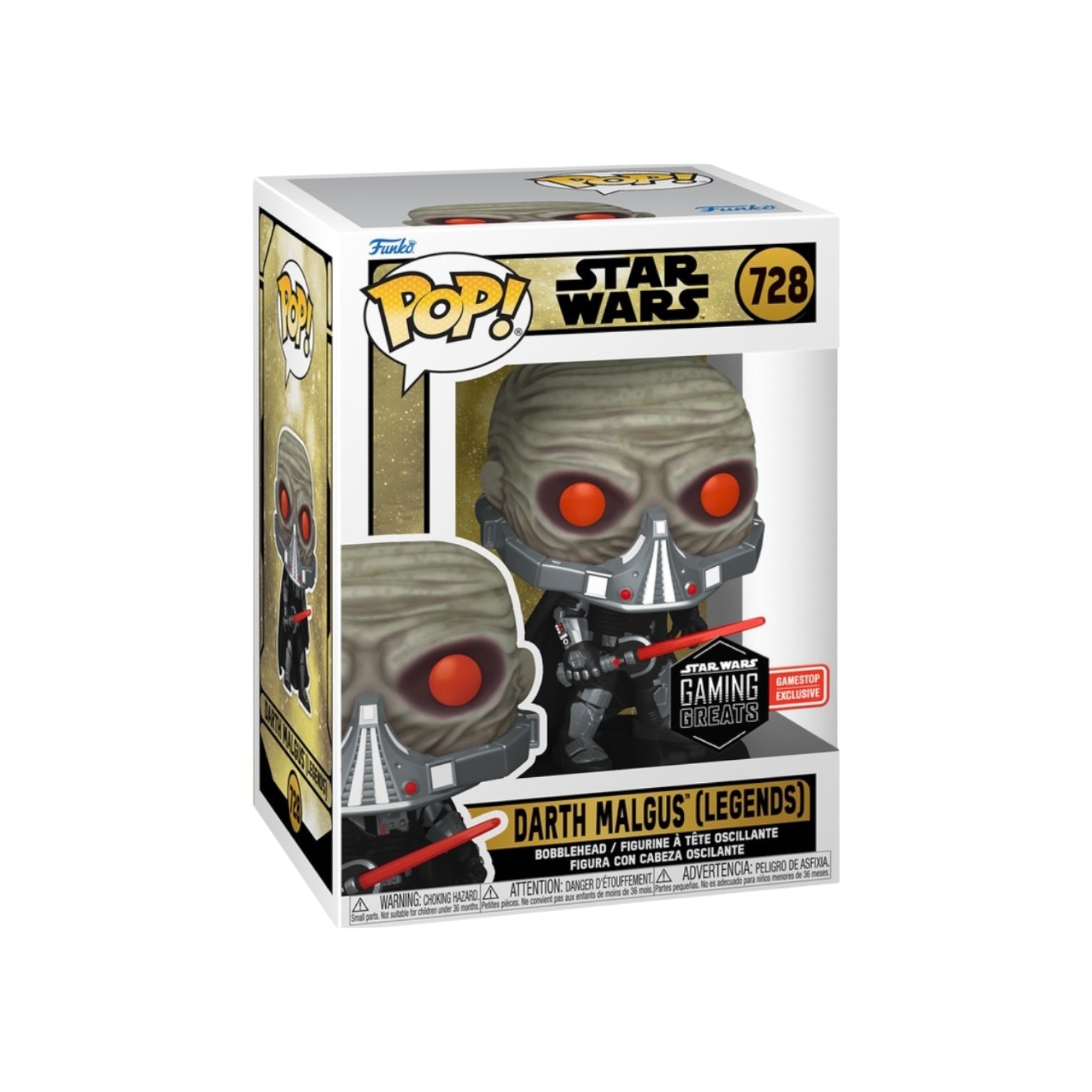 Funko Pop! packaging for Darth Malgus from Star Wars, featuring the Funko logo and product details.