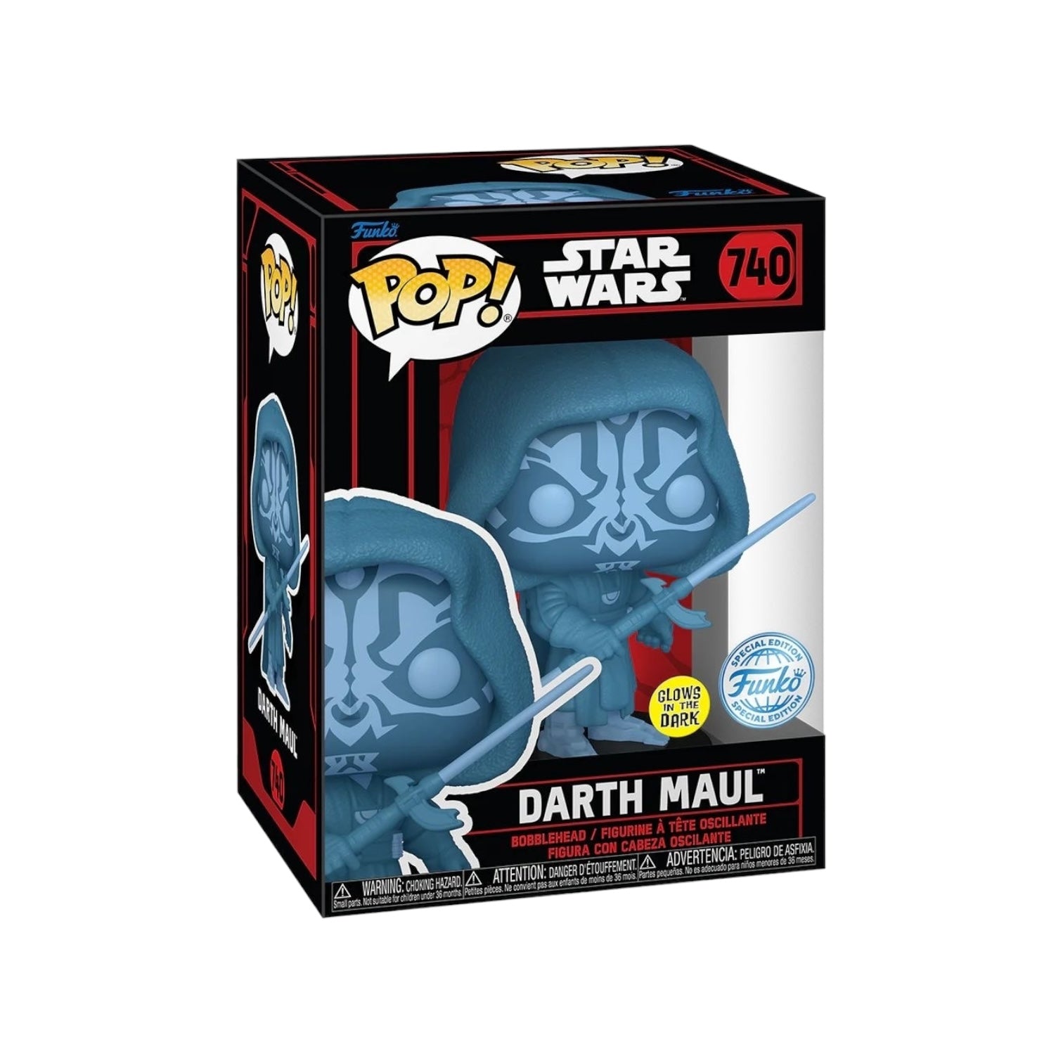 Funko Pop #740 of Darth Maul, glowing in the dark, is a special Star Wars figure from the Dark Side collection.