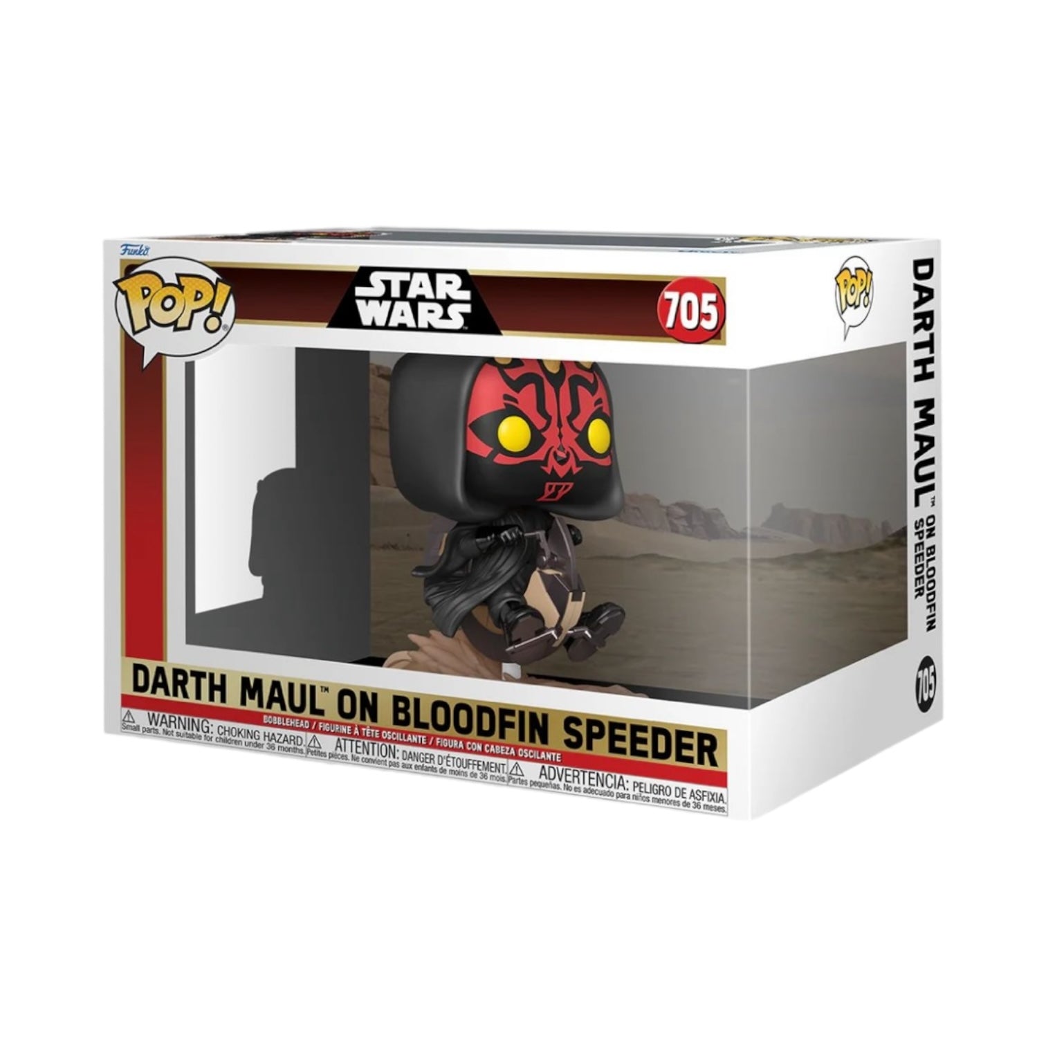 Darth Maul rides the Bloodfin Speeder in this Funko Pop! Rides Star Wars collectible, showcasing his iconic menacing look.