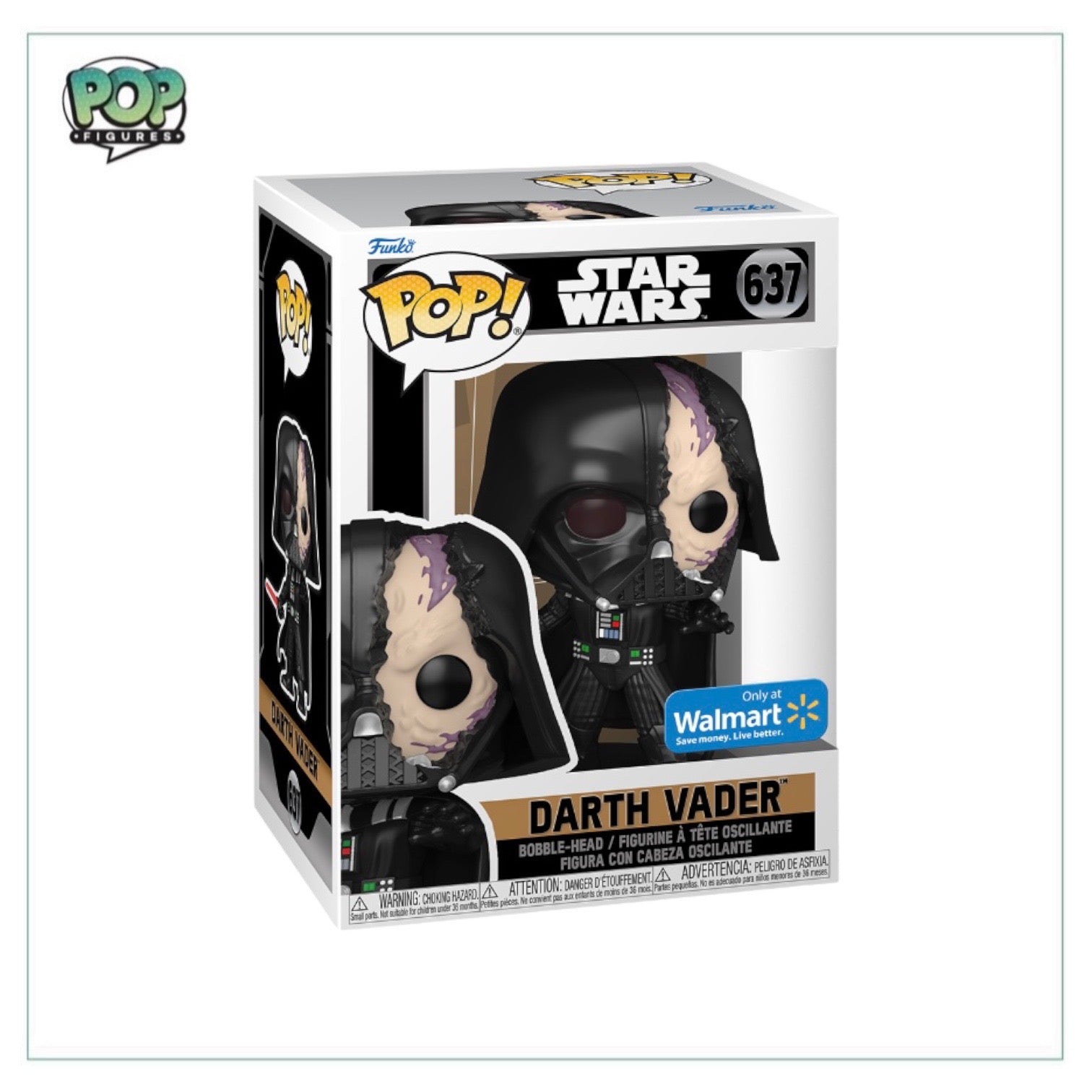 Walmart exclusive Funko Pop! of battle-damaged Darth Vader #637, featuring the iconic villain from Star Wars in a unique design