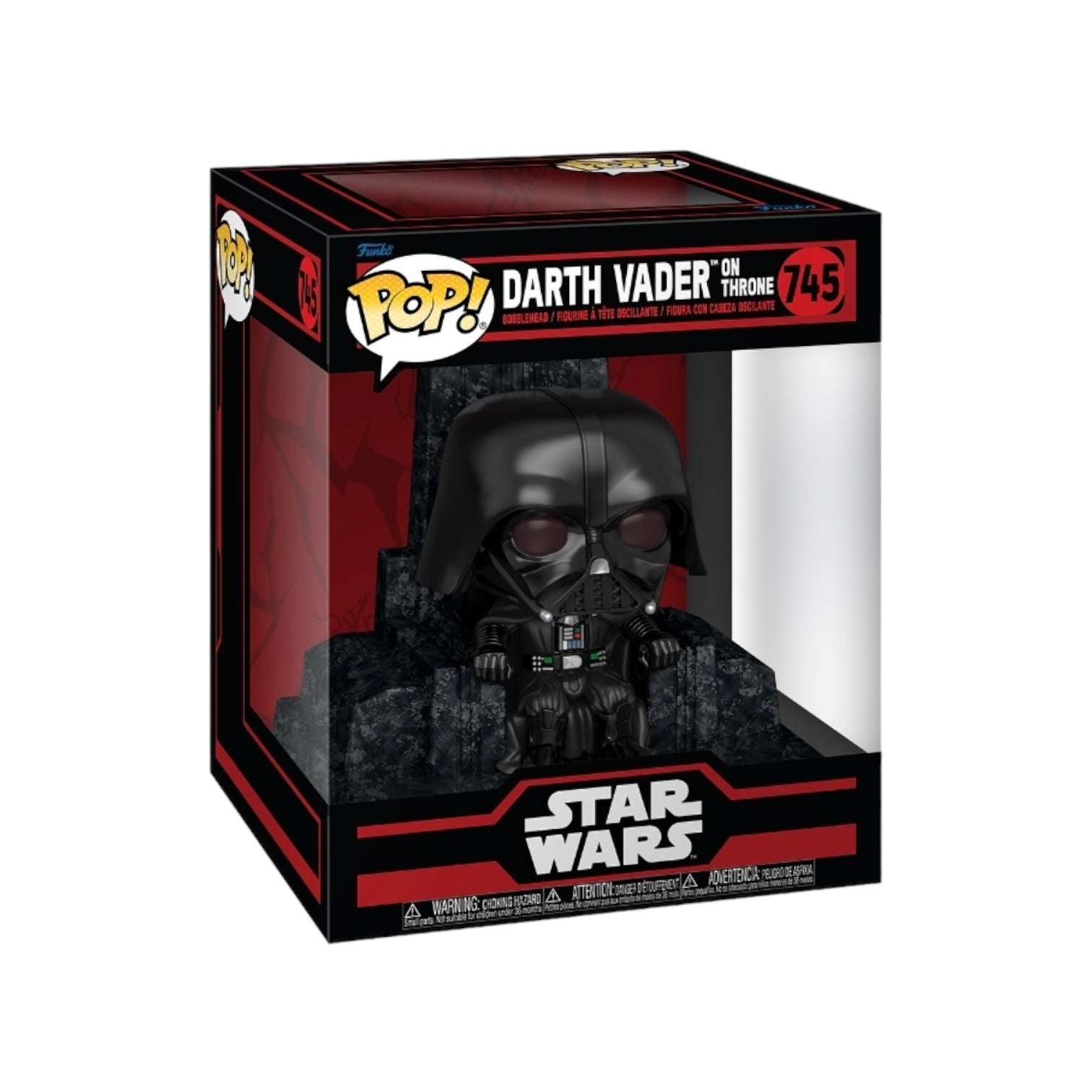 Funko Deluxe Pop of Darth Vader on his throne, representing the Dark Side from Star Wars with amazing detail and style.