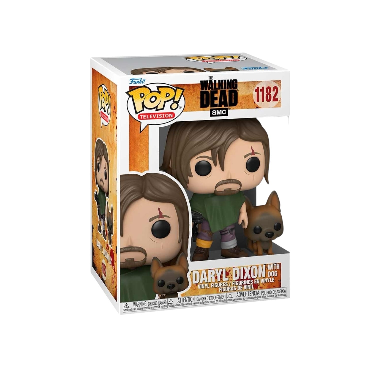 Daryl Dixon with green poncho with a gun in his hand standing next to his dog.