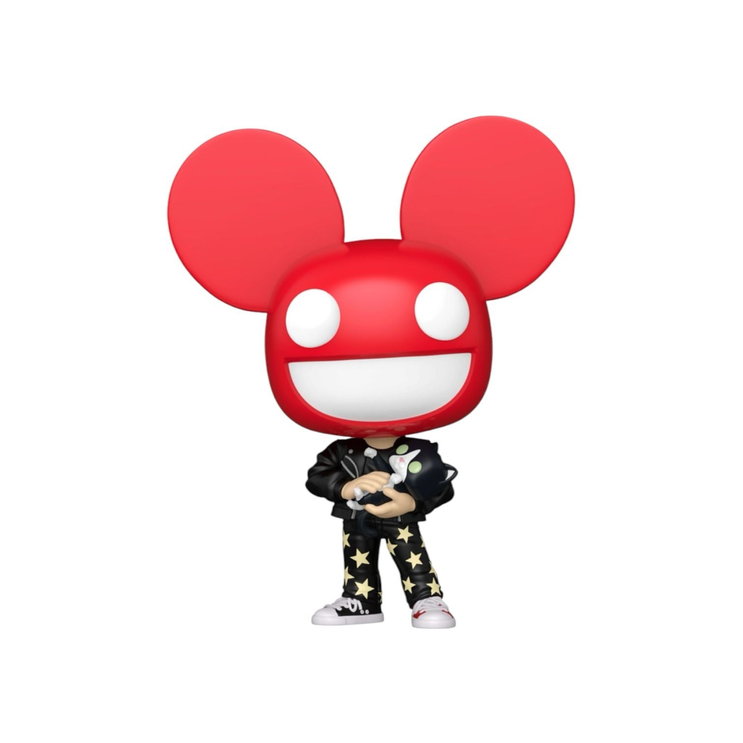 Figurine with a red head and black outfit on a white background
