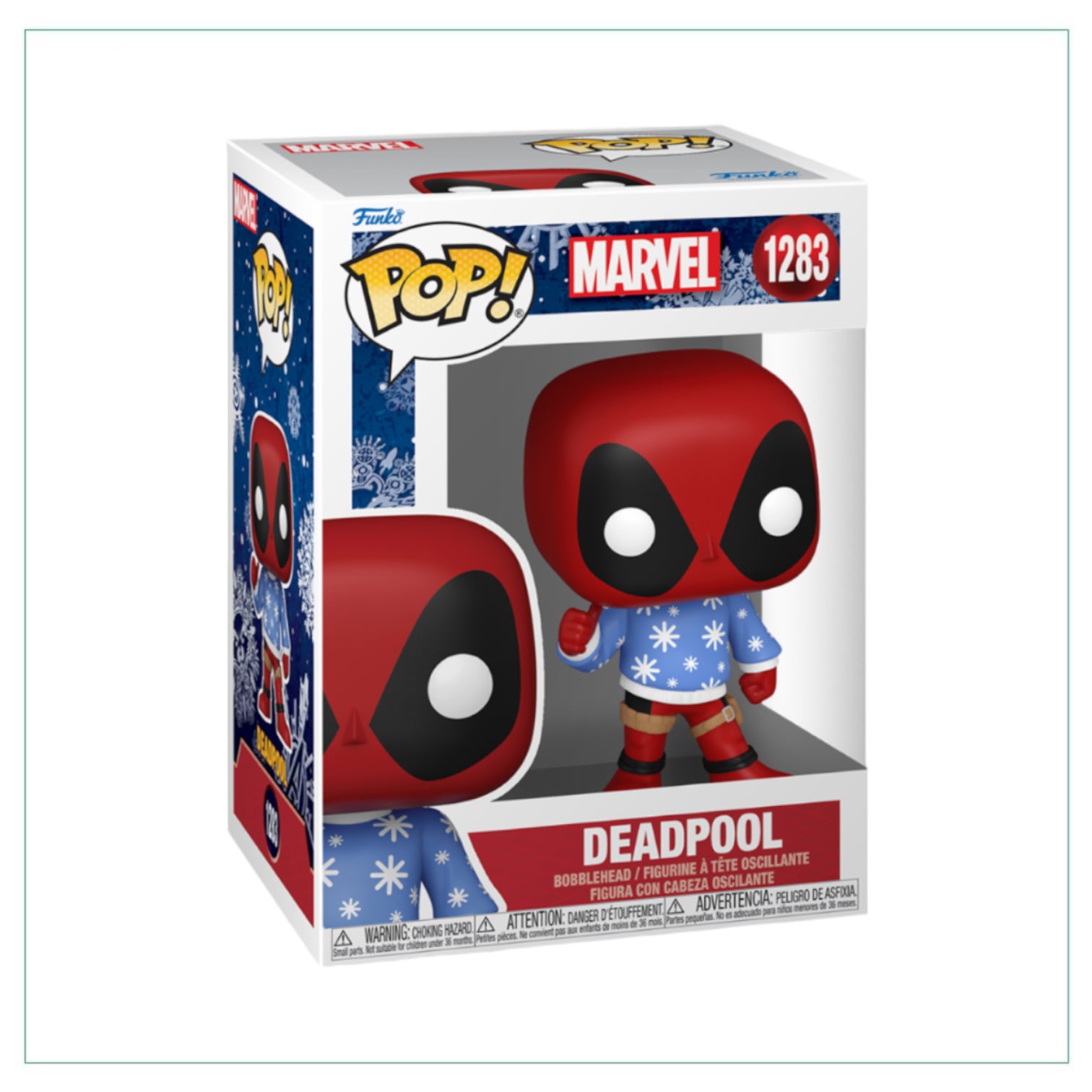 Funko Pop! Deadpool #1283 in a holiday theme, wearing a Santa hat and surrounded by Christmas decorations.