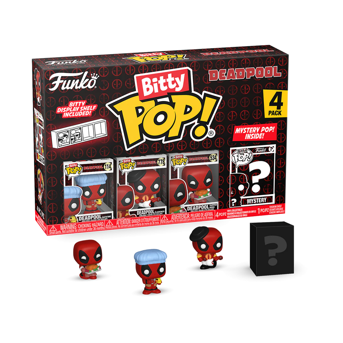 A collection of four Deadpool Bitty Funko POP! figures designed for bathtime, including a potential chase variant.