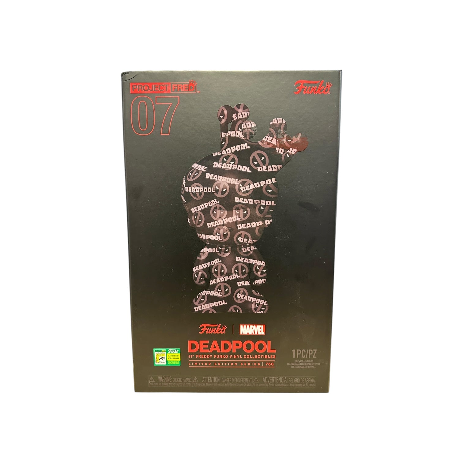 Box packaging of a Marvel Deadpool figure with branding and product details.