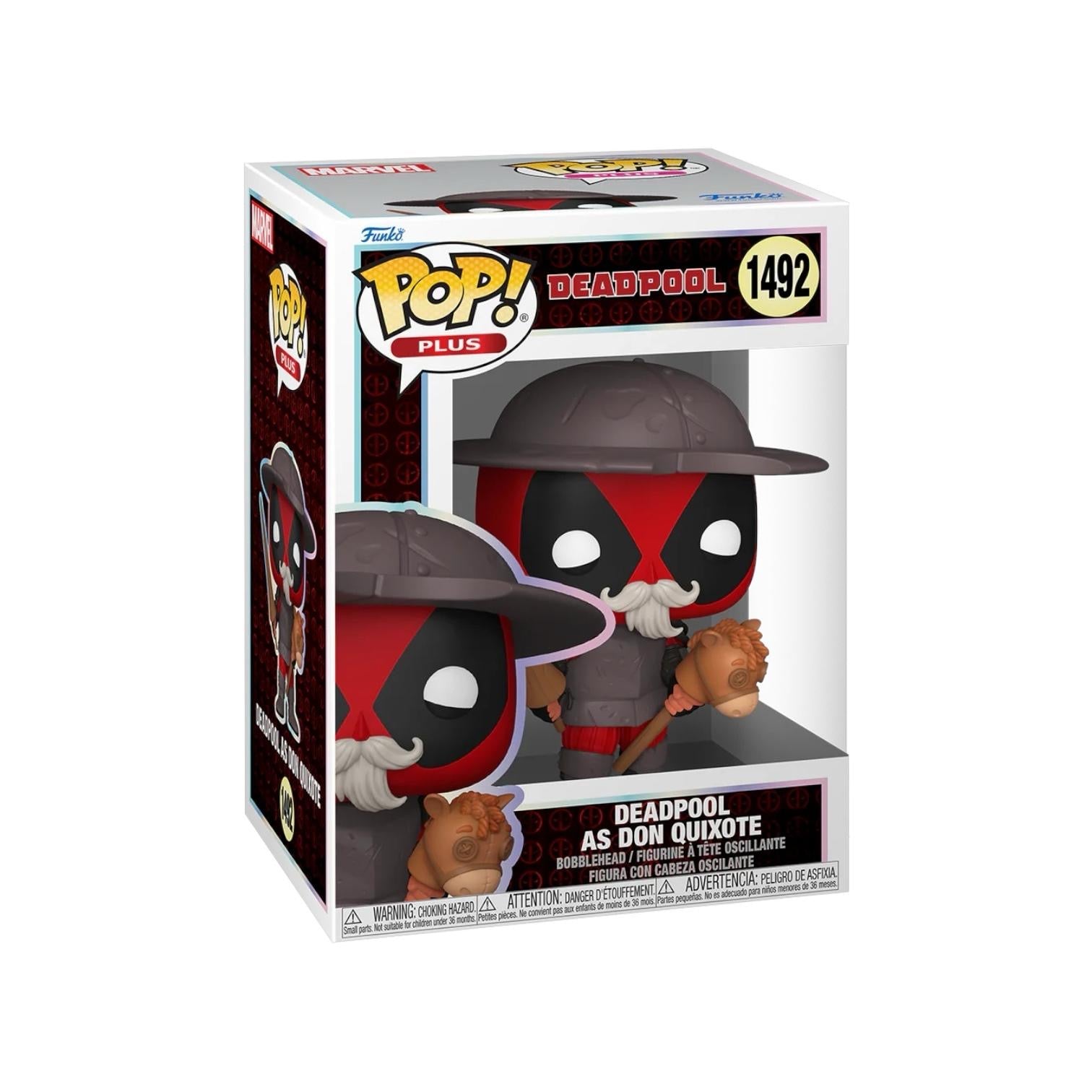 Deadpool as Don Quixote - Deadpool in a disguise of Don Quixote with a brown hat,jacket and boots holding a horse pole