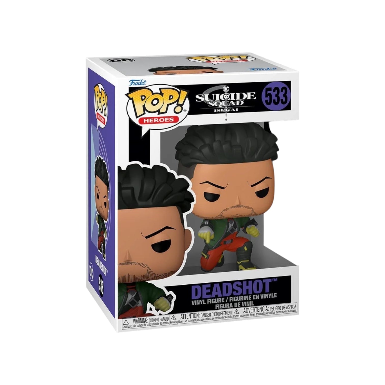 Deadshot wearing a green jacket and red pants black boots, posing down on one knee