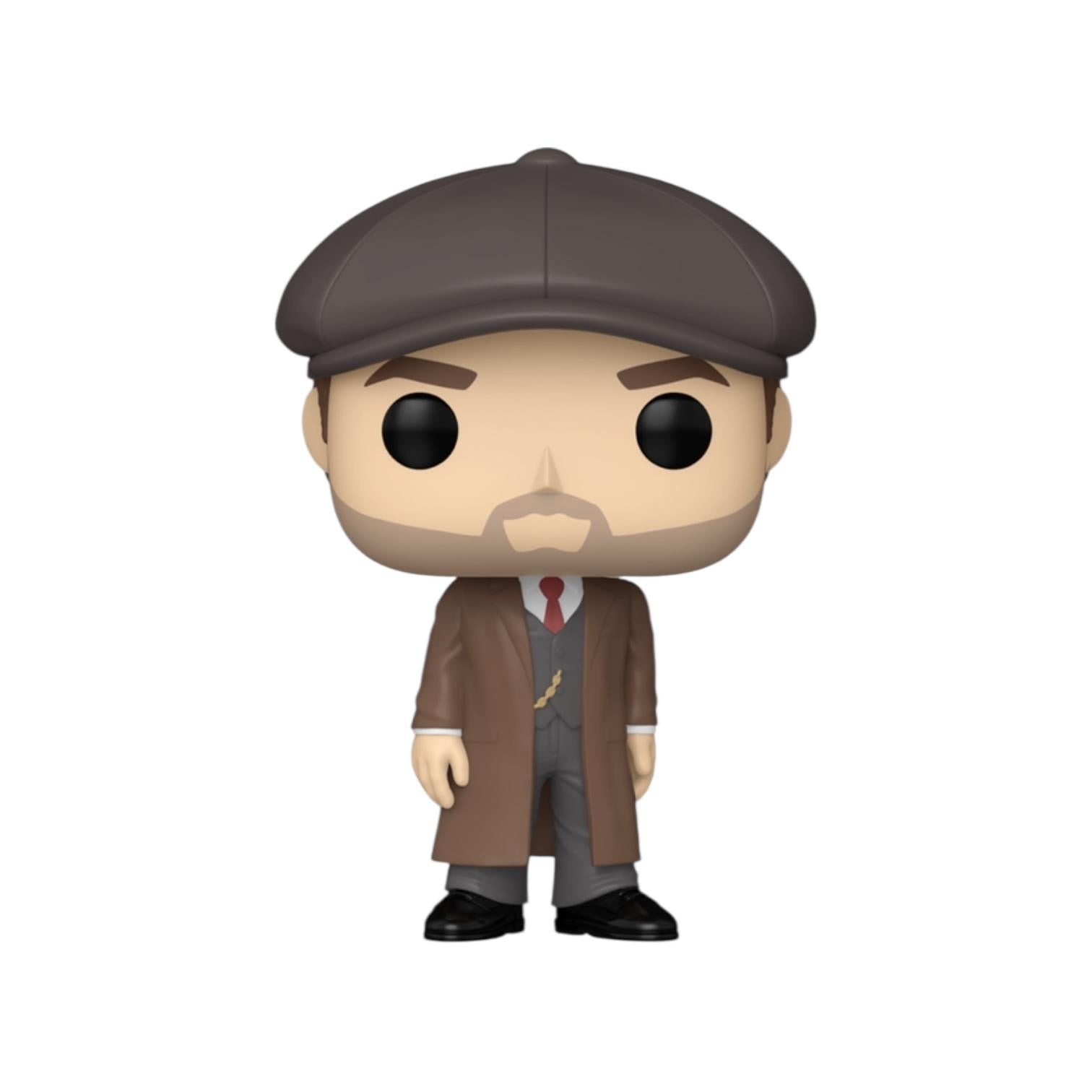 Figurine of a character wearing a brown cap, coat, and tie on a white background