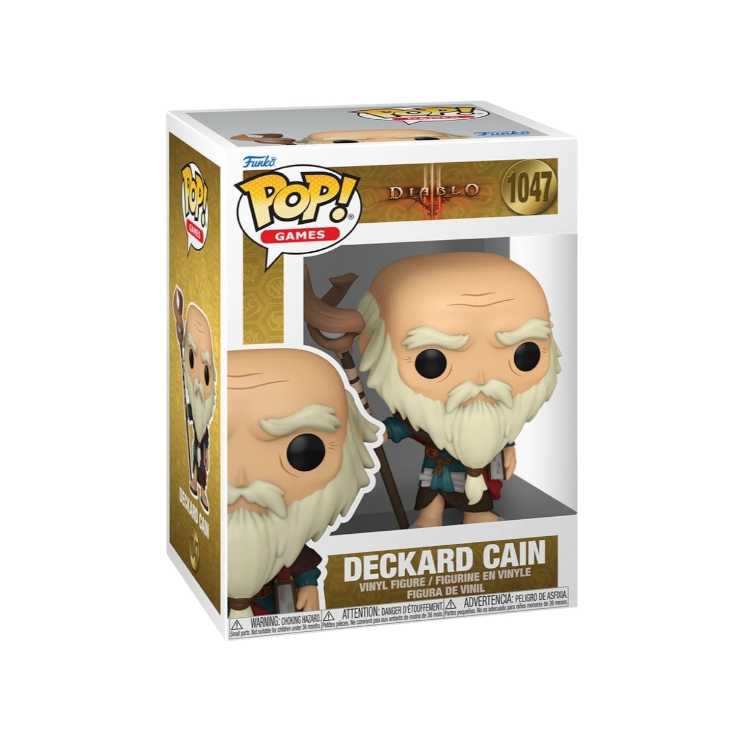 Funko Pop! of Deckard Cain #1047 from Diablo 3, showcasing his classic look with a staff and wise expression.