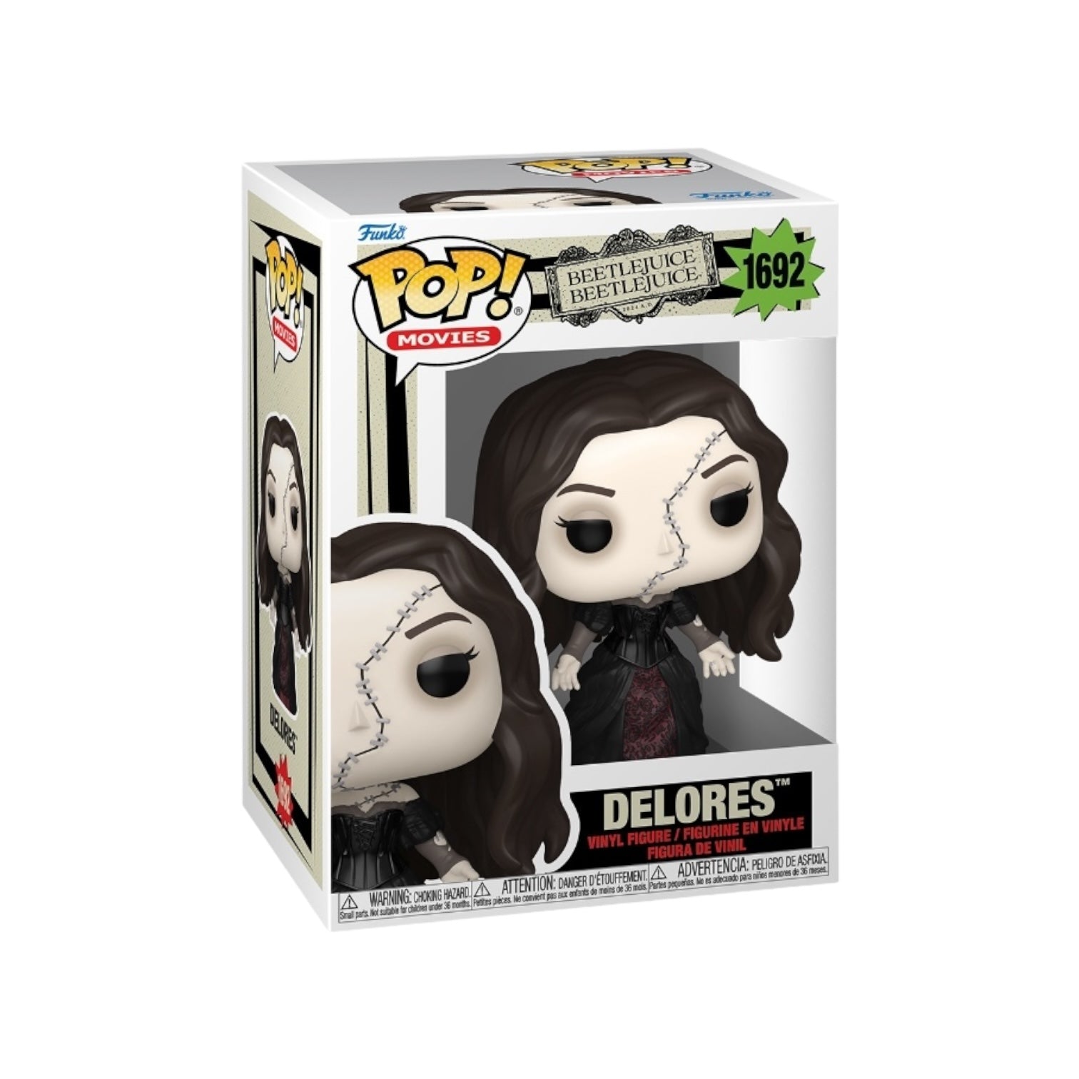 Funko Pop figure of Delores #1692 from Beetlejuice, featuring her iconic green hair and striped outfit.