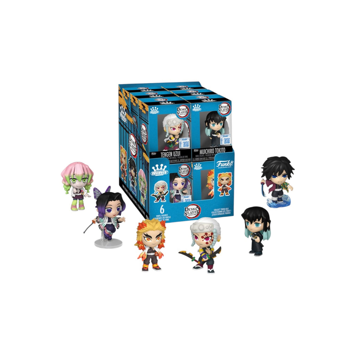 A collection of mini vinyl Funko figures from Demon Slayer, showcasing various characters in vibrant colors.