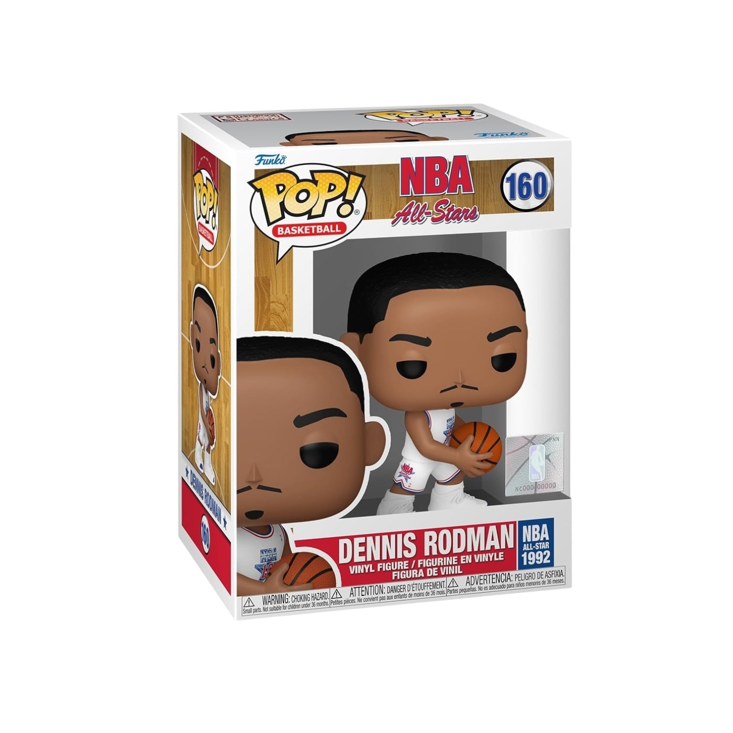 Dennis Rodman wearing white basketball attire holding a basketball.