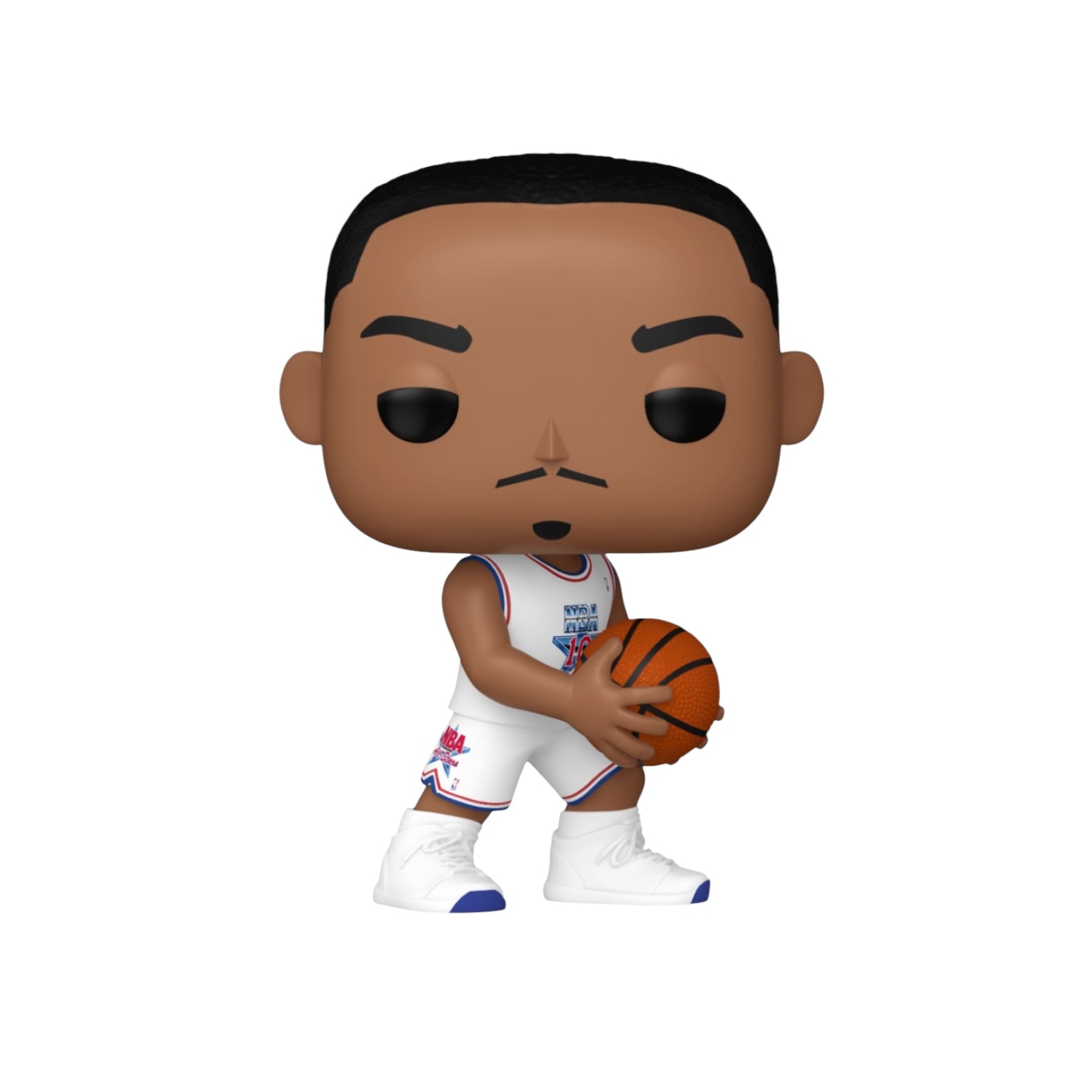 Dennis Rodman wearing white basketball attire holding a basketball.