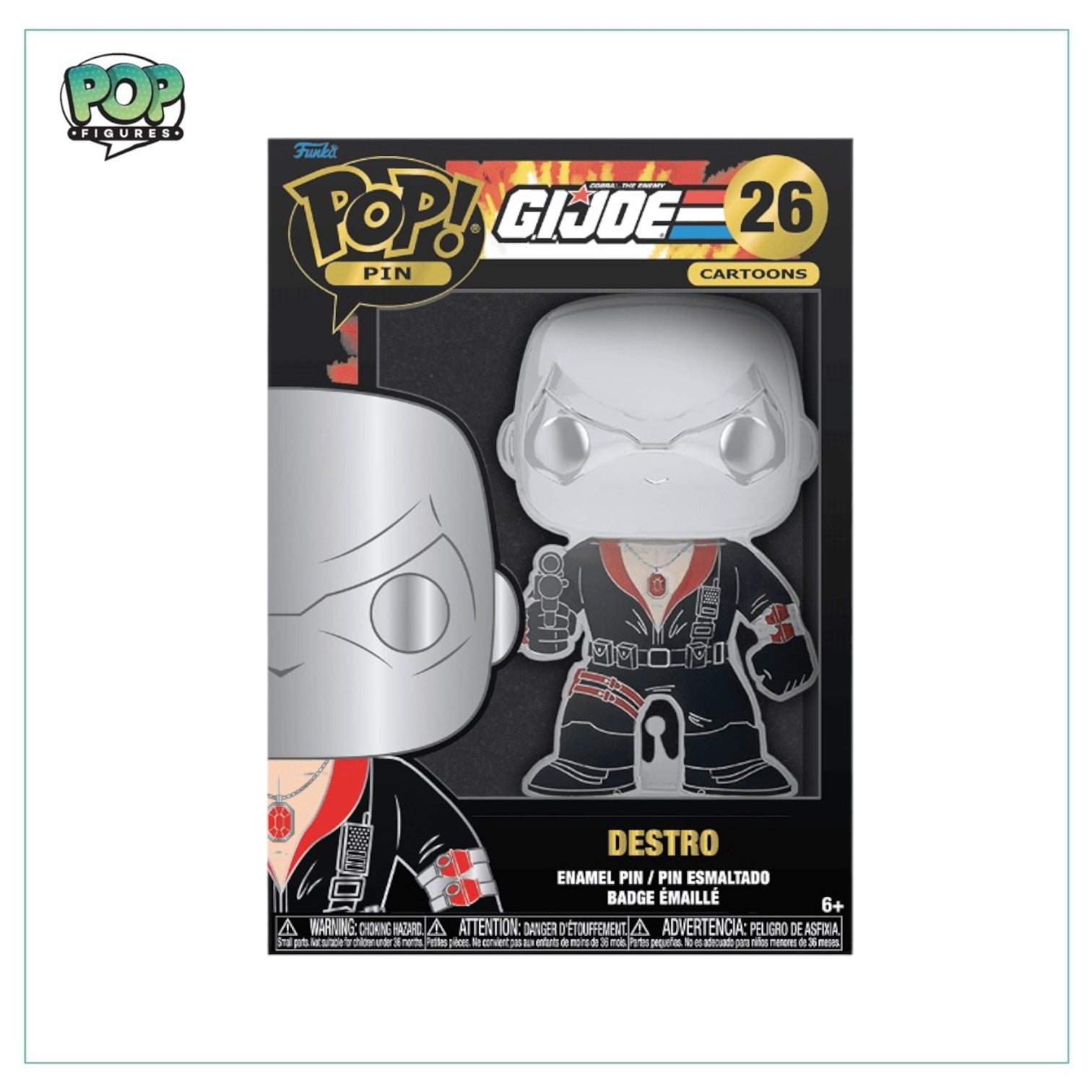 Destro #26 Funko Enamel Pop Pin featuring the iconic GI JOE character, showcasing vibrant colors and detailed design.