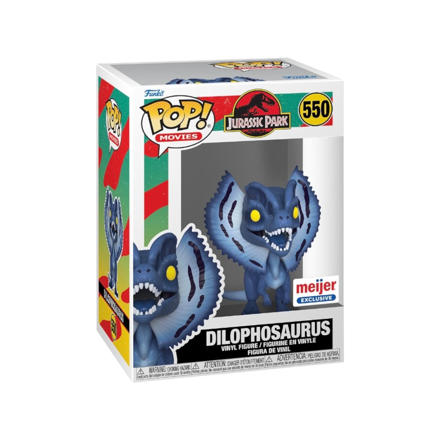 Funko Pop! of Dilophosaurus #550 (Moonlight) from Jurassic Park, exclusive to Meijer, featuring vibrant colors and detailed design.