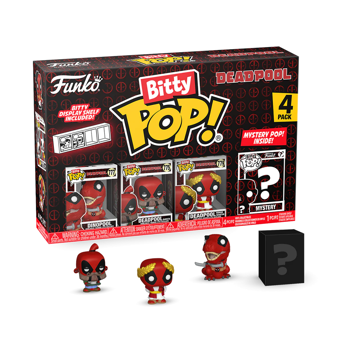 Set of four Dinopool Bitty Funko POP! figures showcasing Deadpool, with one being a chance of a chase variant.