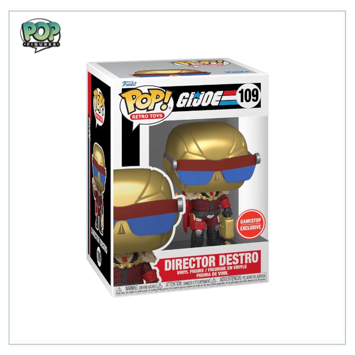 Funko Pop! of Director Destro #109 in gold, a G.I. Joe character, exclusive to GameStop, perfect for collectors.