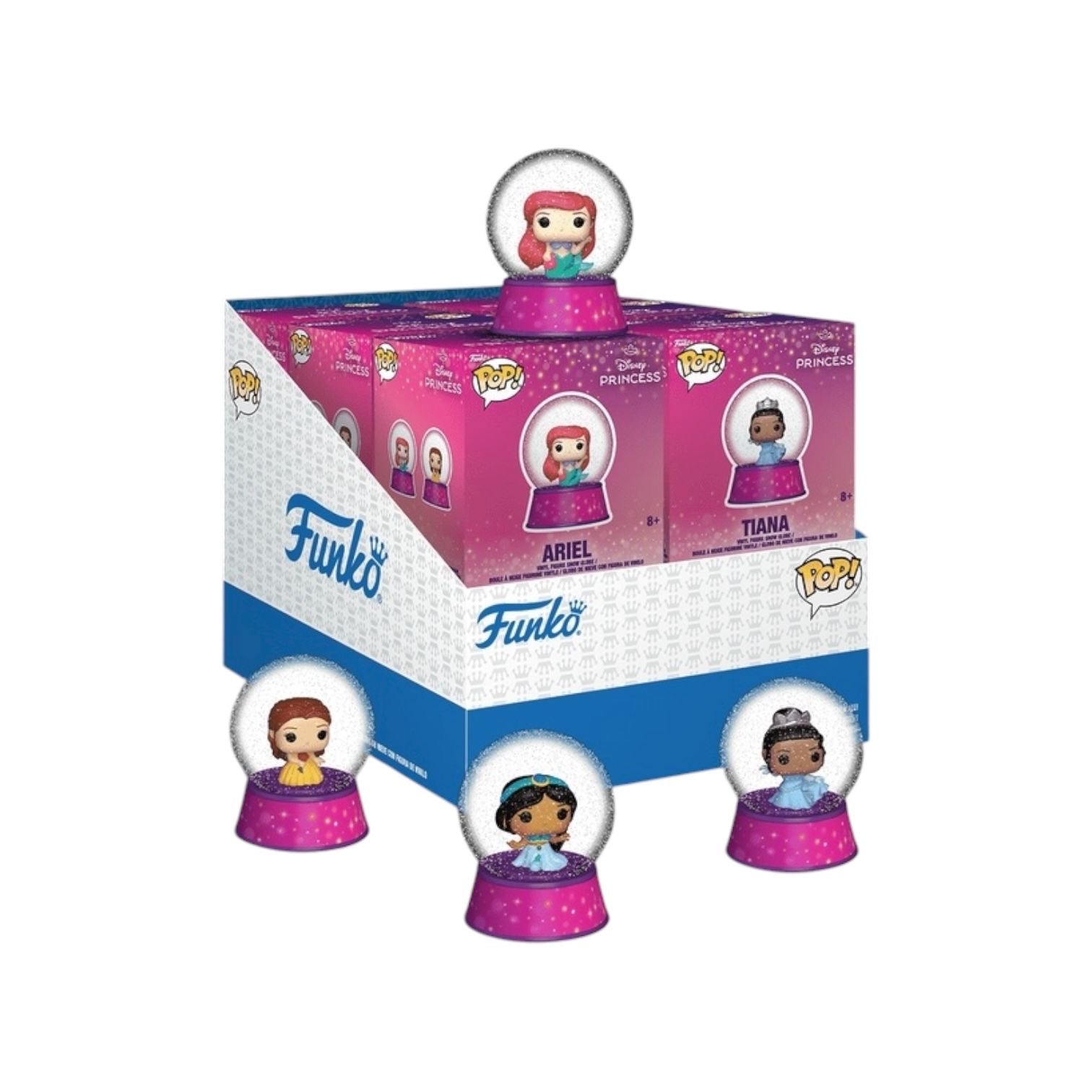 Funko Pop! Disney Princesses display with figures in front of a Funko branded box.