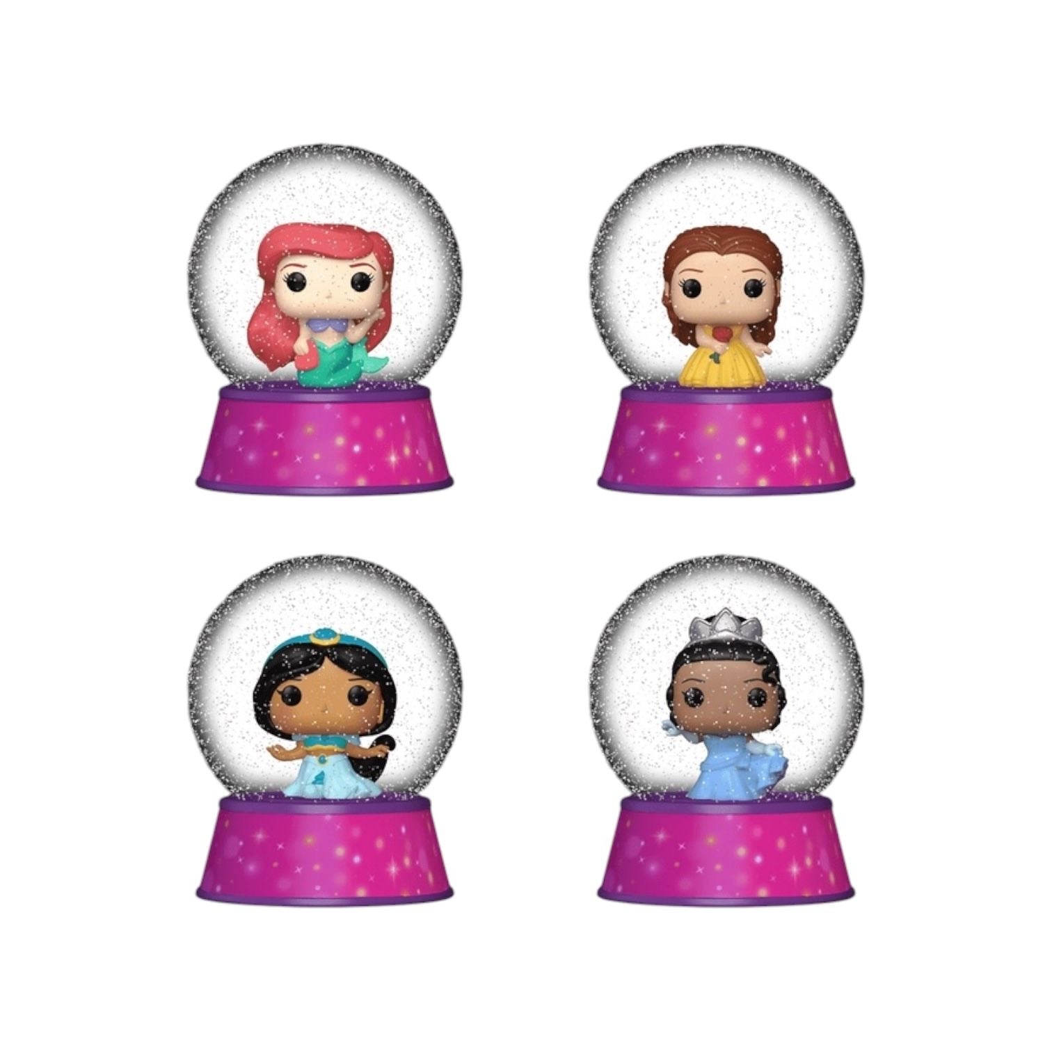 Four small snow globes with figurines on pink bases against a white background