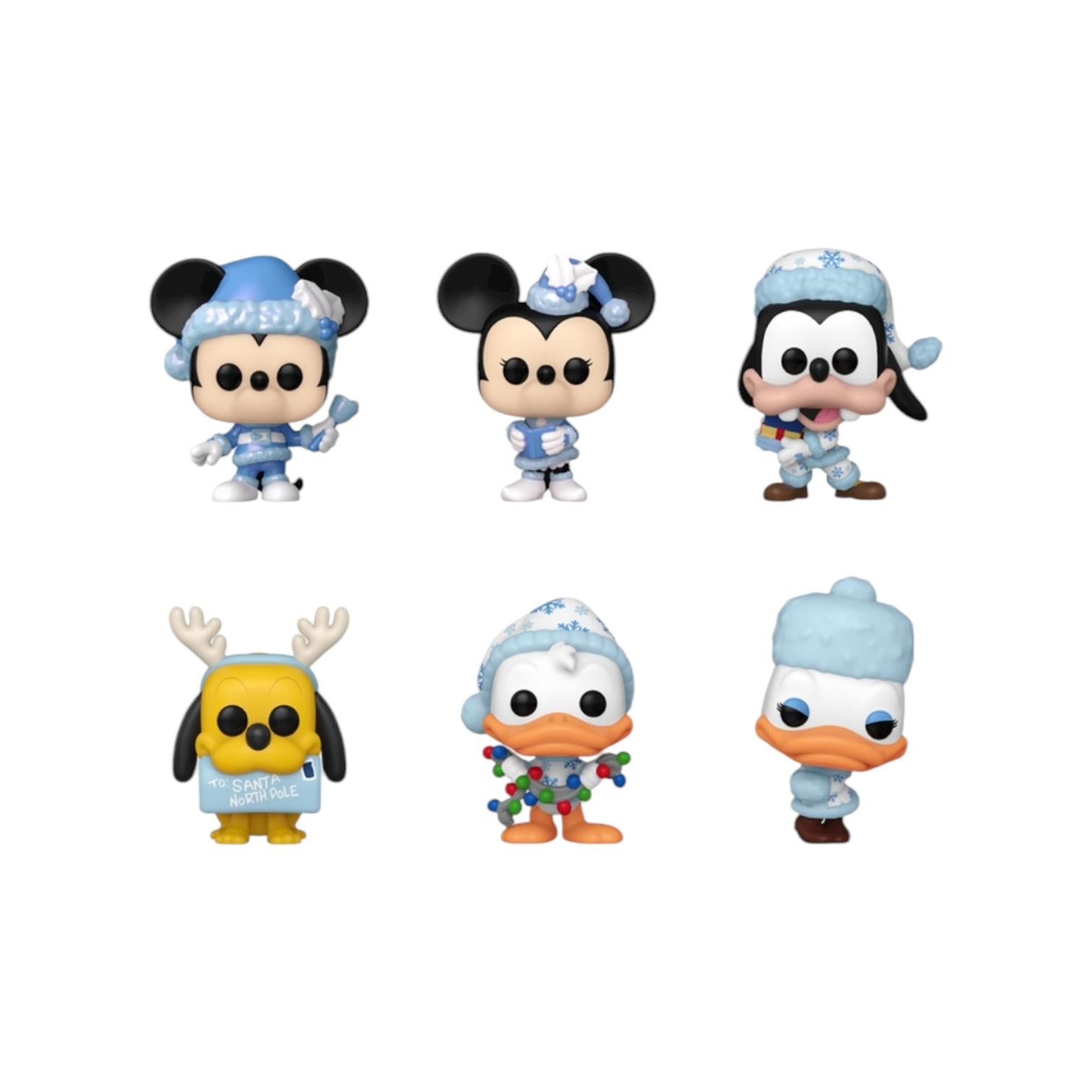 Set of six Disney character figurines in winter outfits on a white background