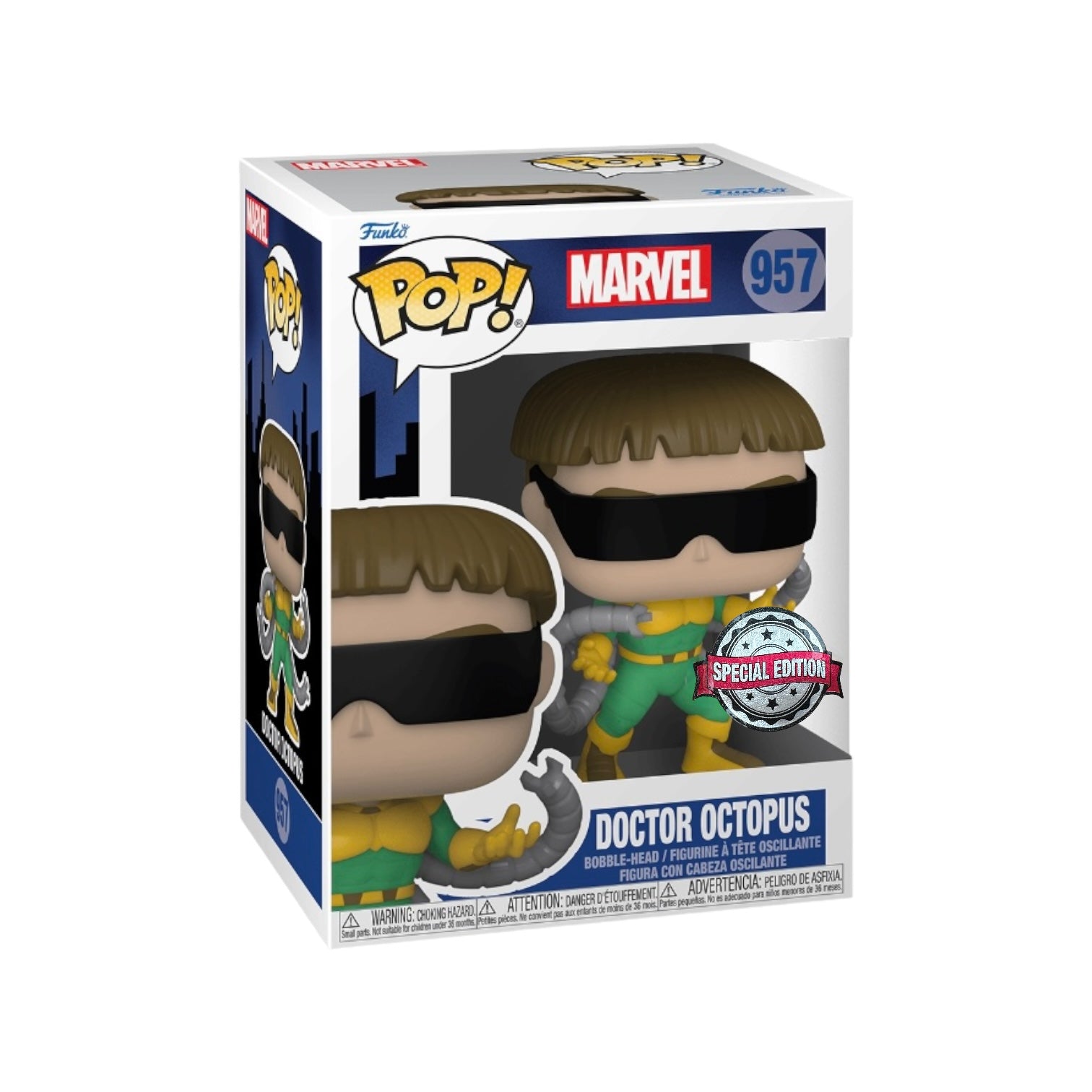 Funko Pop! figure of Doctor Octopus #957, a Marvel special edition with his iconic tentacles and green suit.