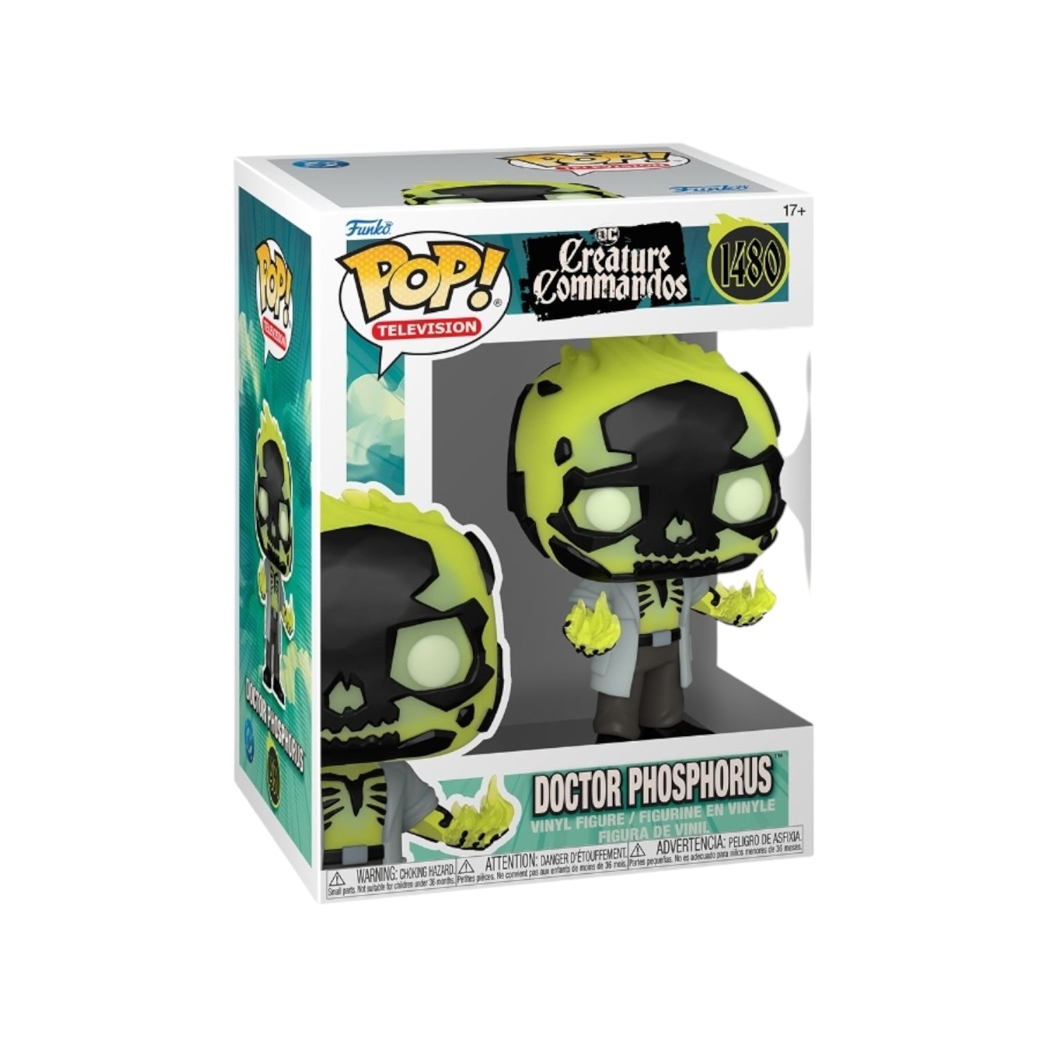 Doctor Phosphorus Funko Pop #1480 from Creature Commandos, featuring a stylized figure with glowing green accents.