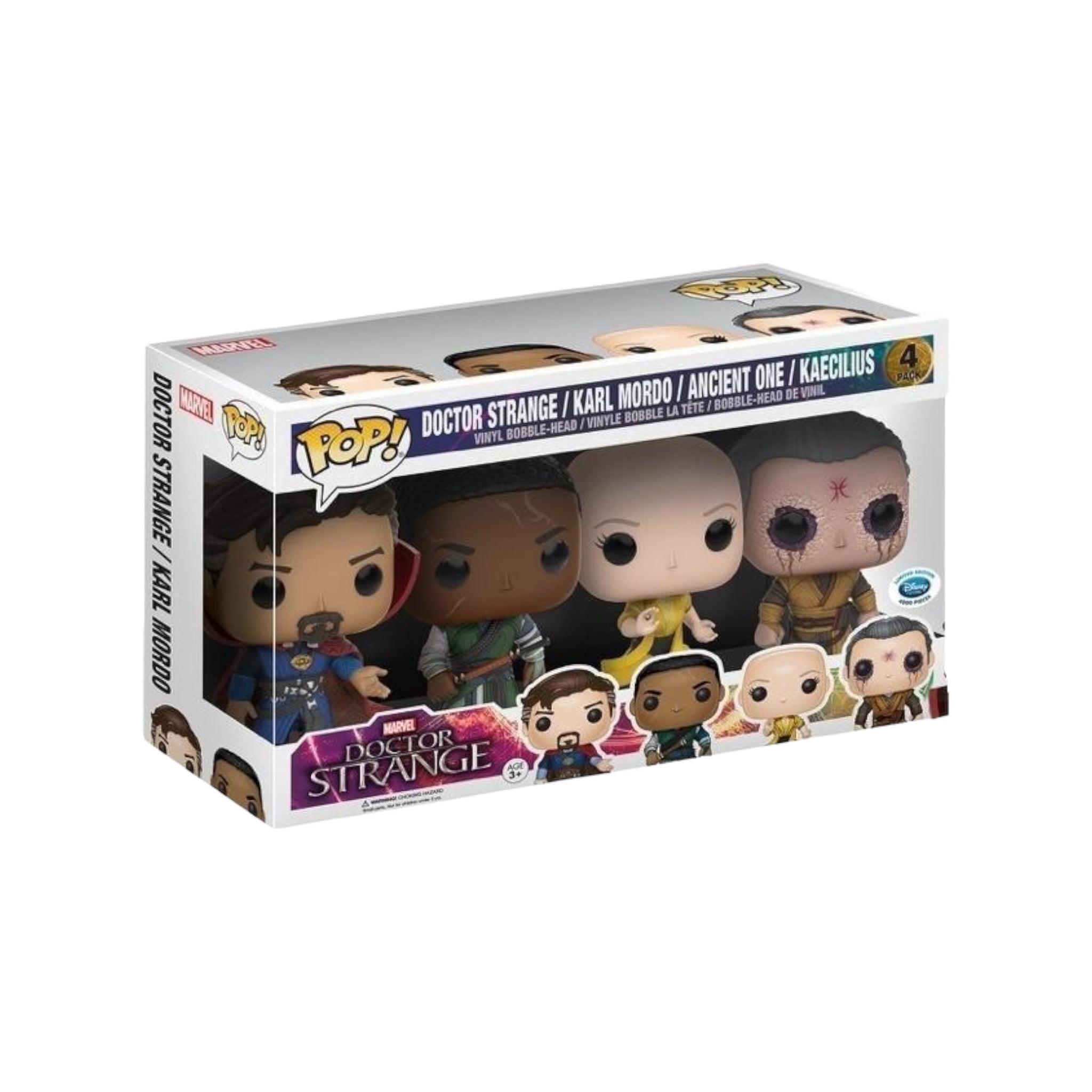 Funko Pop! 4-pack featuring Doctor Strange, Karl Mordo, Ancient One, and Kaecilius, Disney Store exclusive, limited edition.