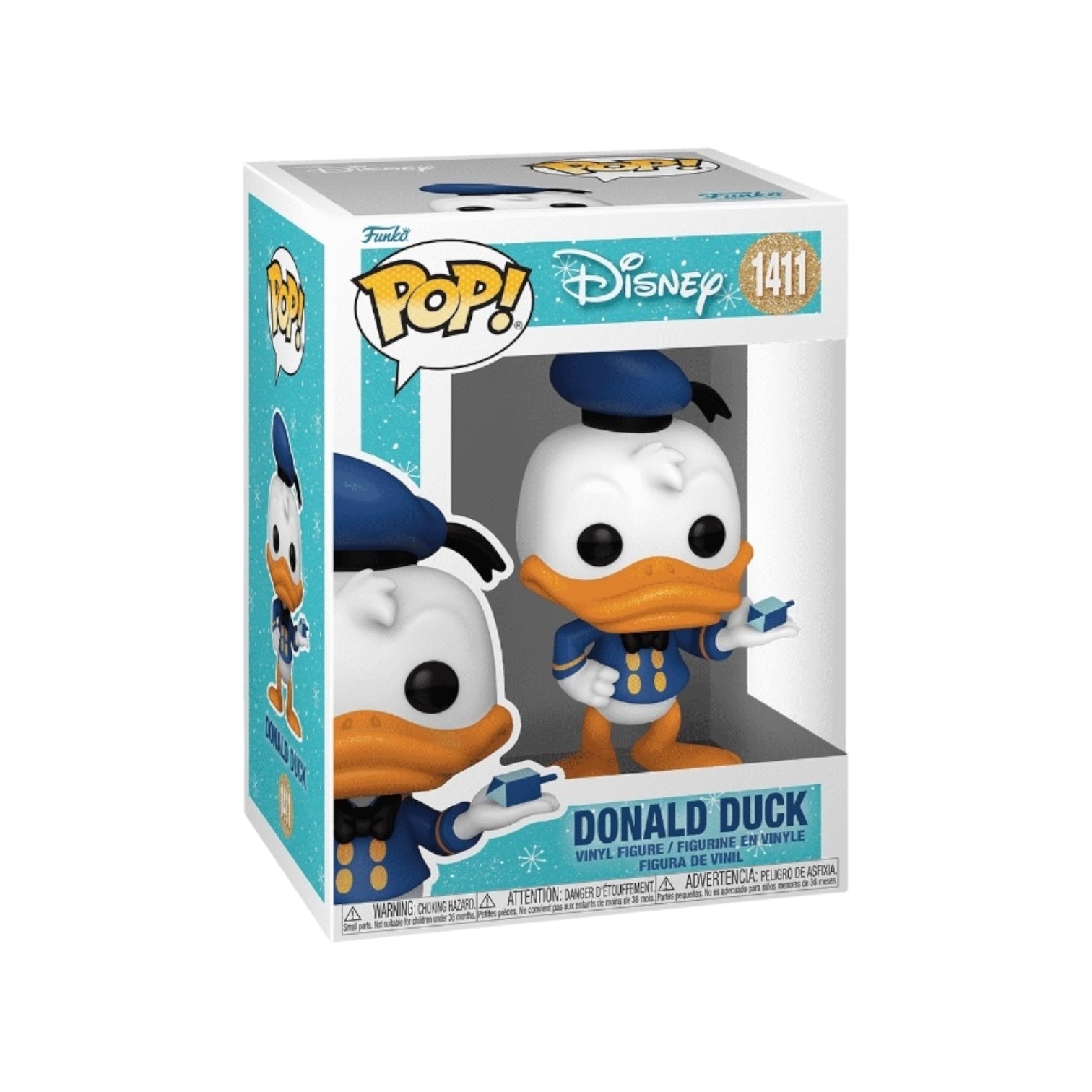 Funko Pop! figure of Donald Duck #1411 dressed in a festive holiday outfit, featuring a Santa hat and cheerful expression.