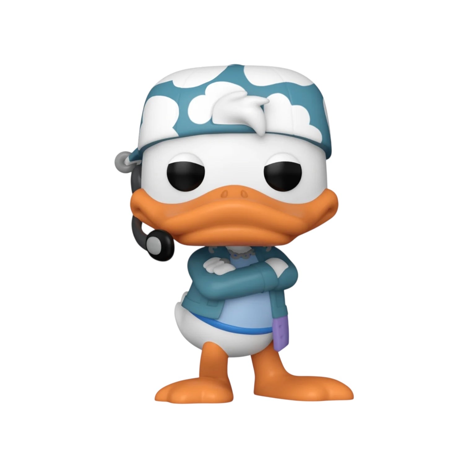 Donald Duck figurine with a headset on a white background